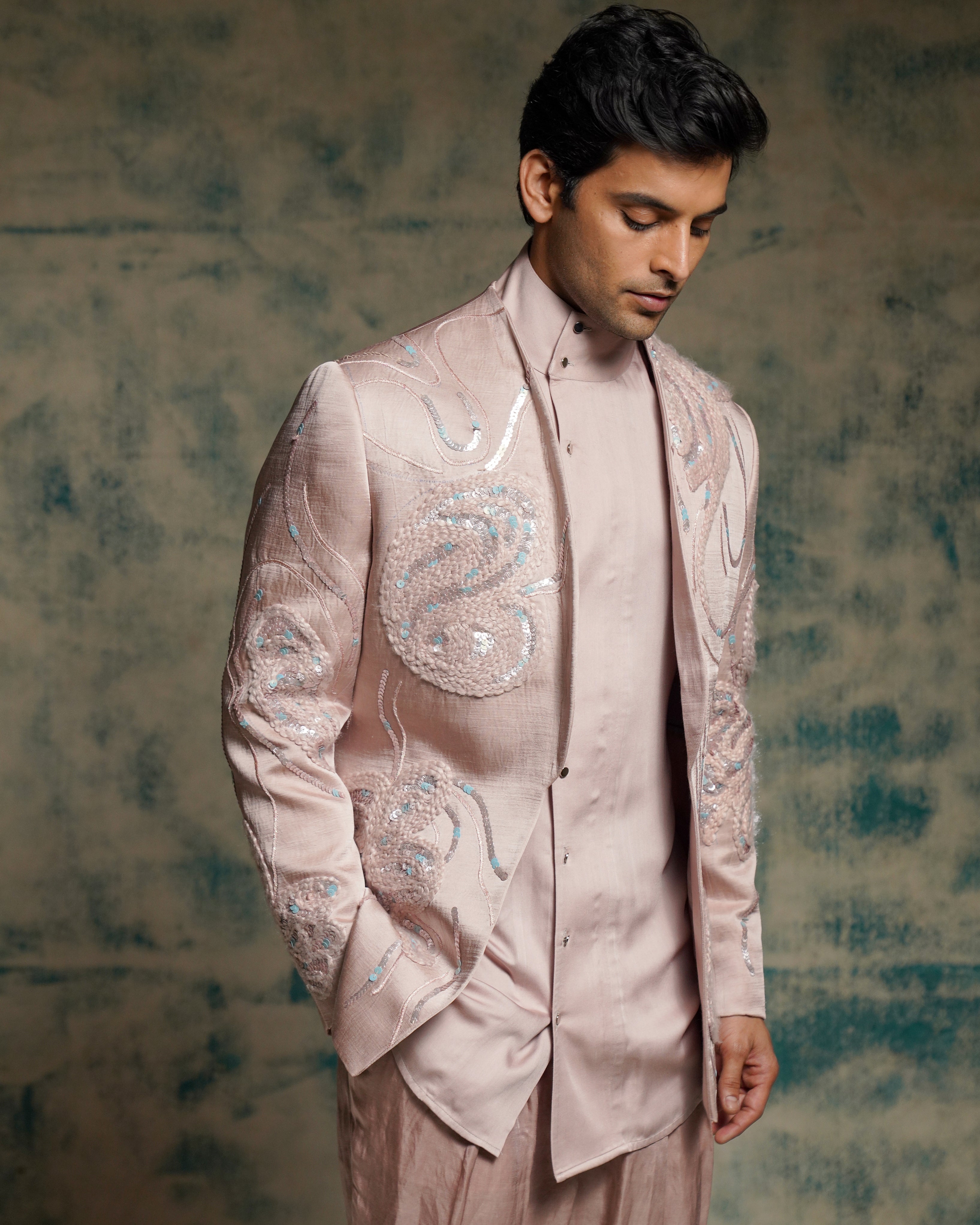 Mauve Hand Embroidered Concept Blazer Set.