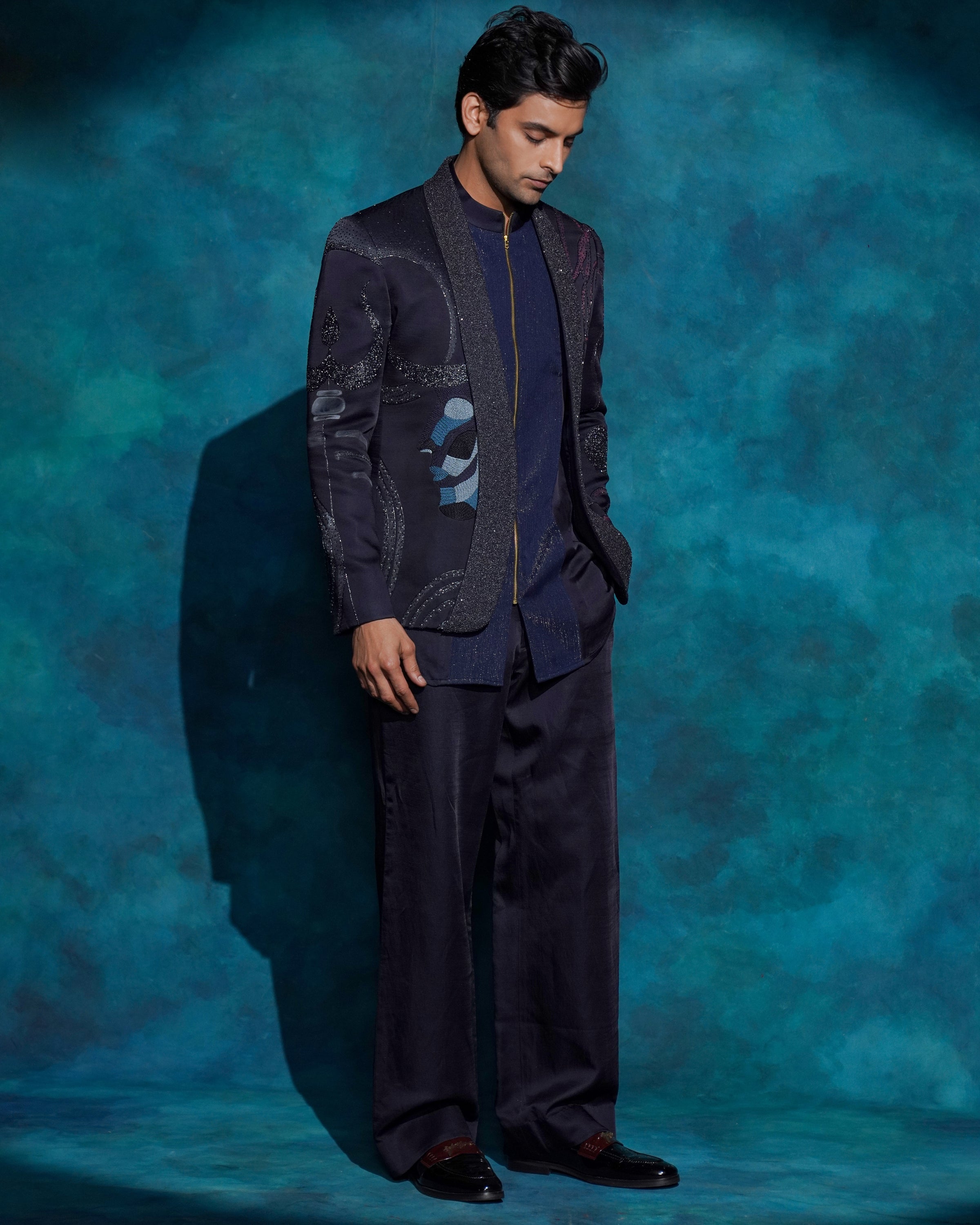 Midnight Blue Hand Embroidered Concept Blazer Set