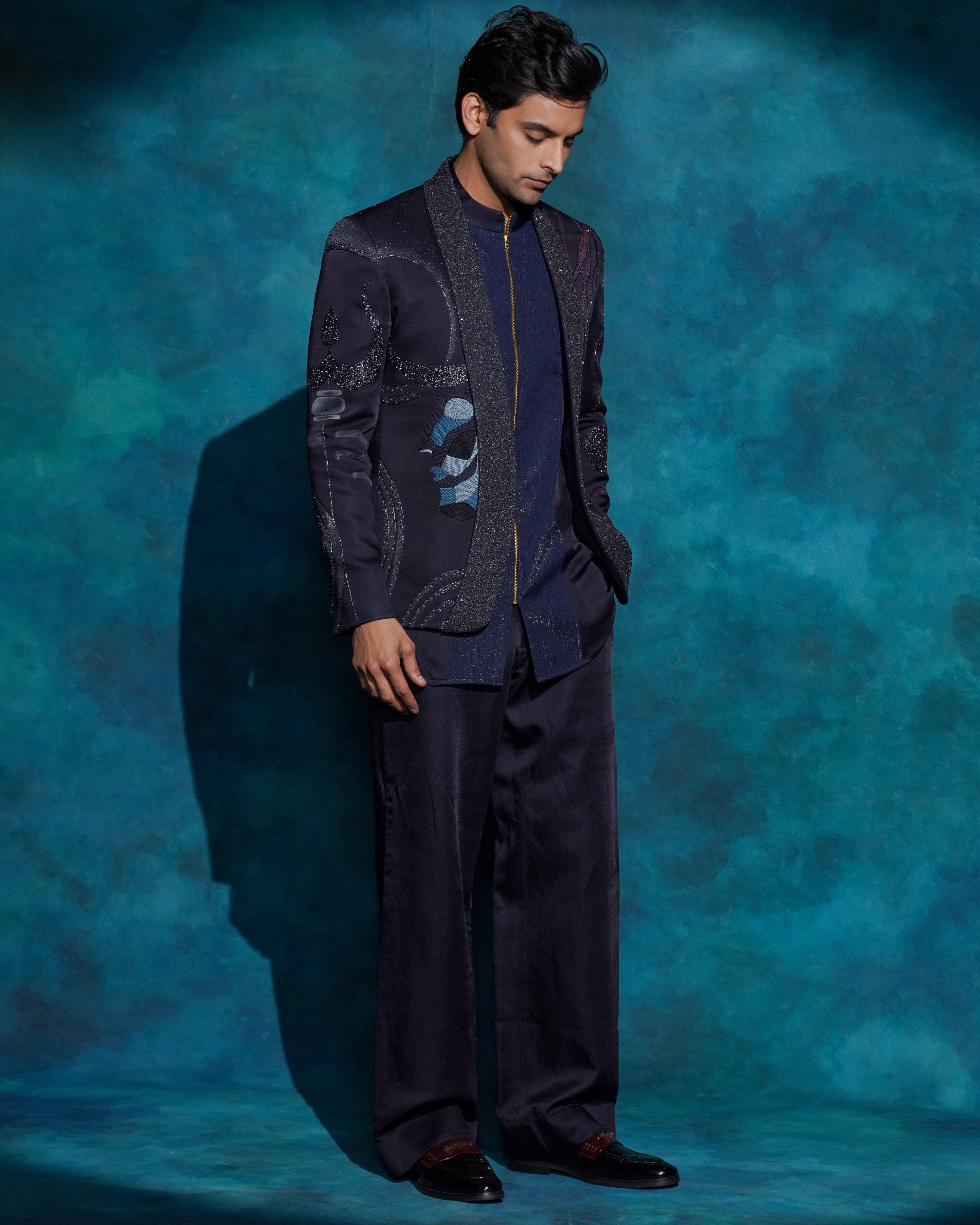 Midnight Blue Hand Embroidered Concept Blazer Set