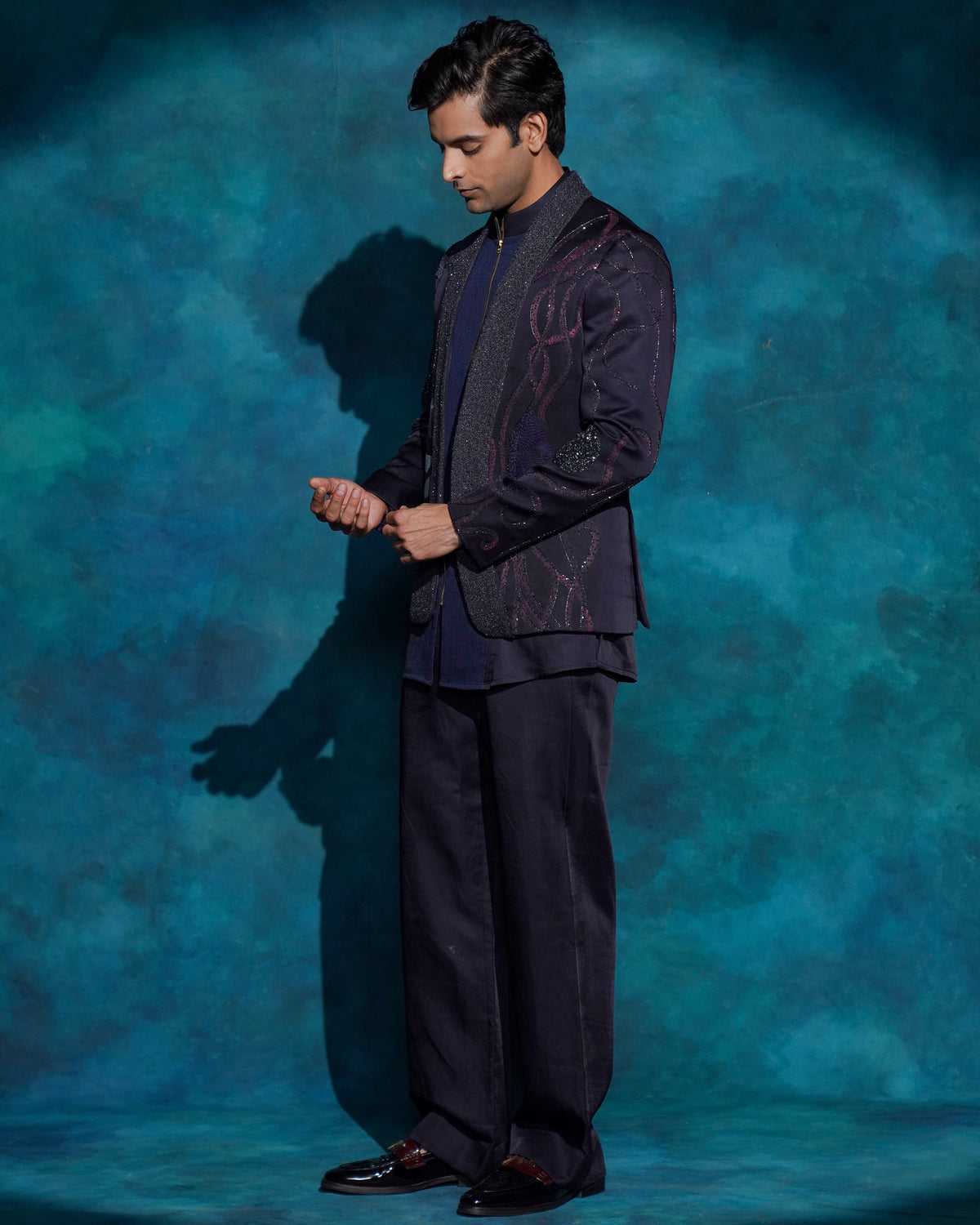 Midnight Blue Hand Embroidered Concept Blazer Set