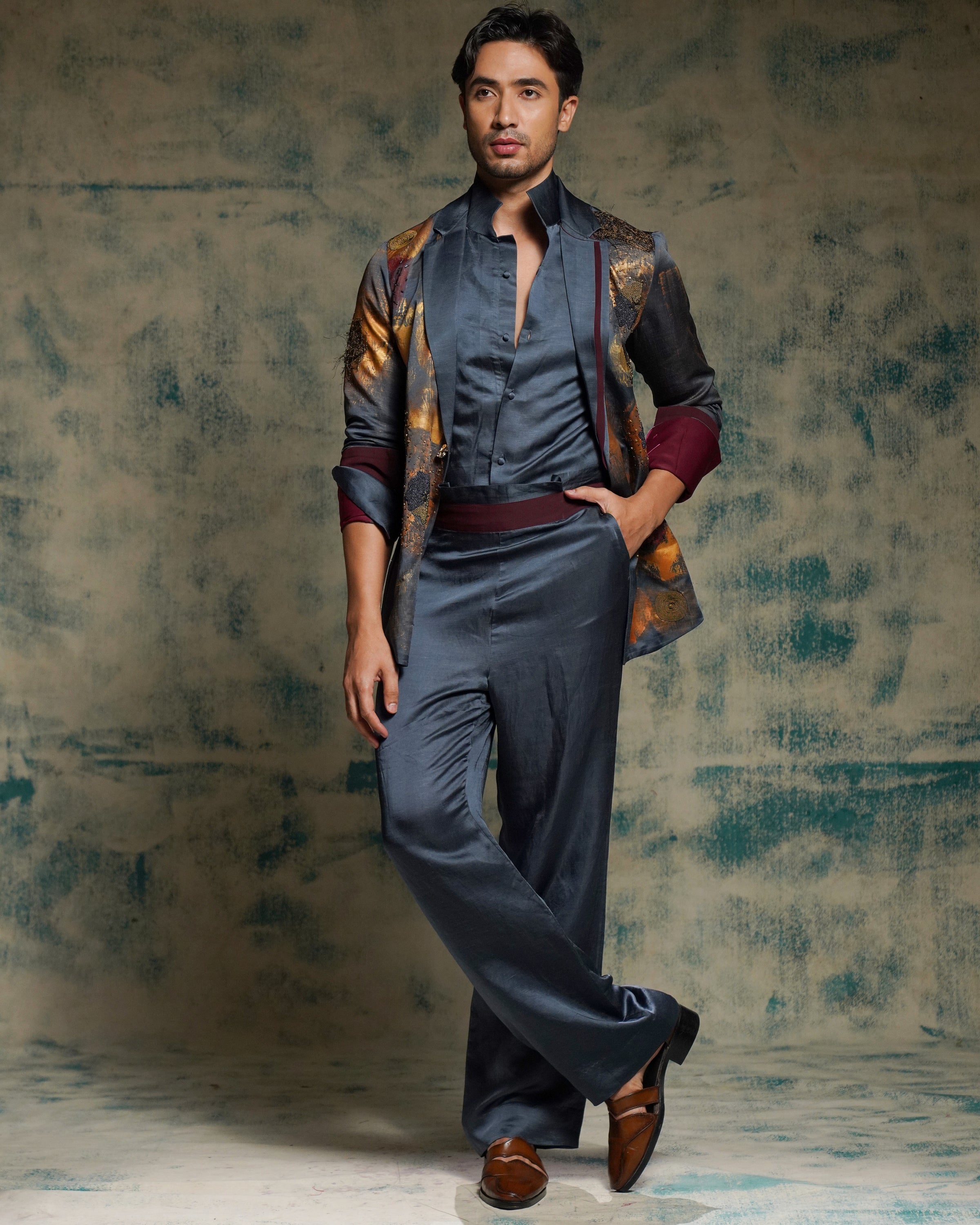 Charcoal Blue Hand Painted Concept Blazer Set