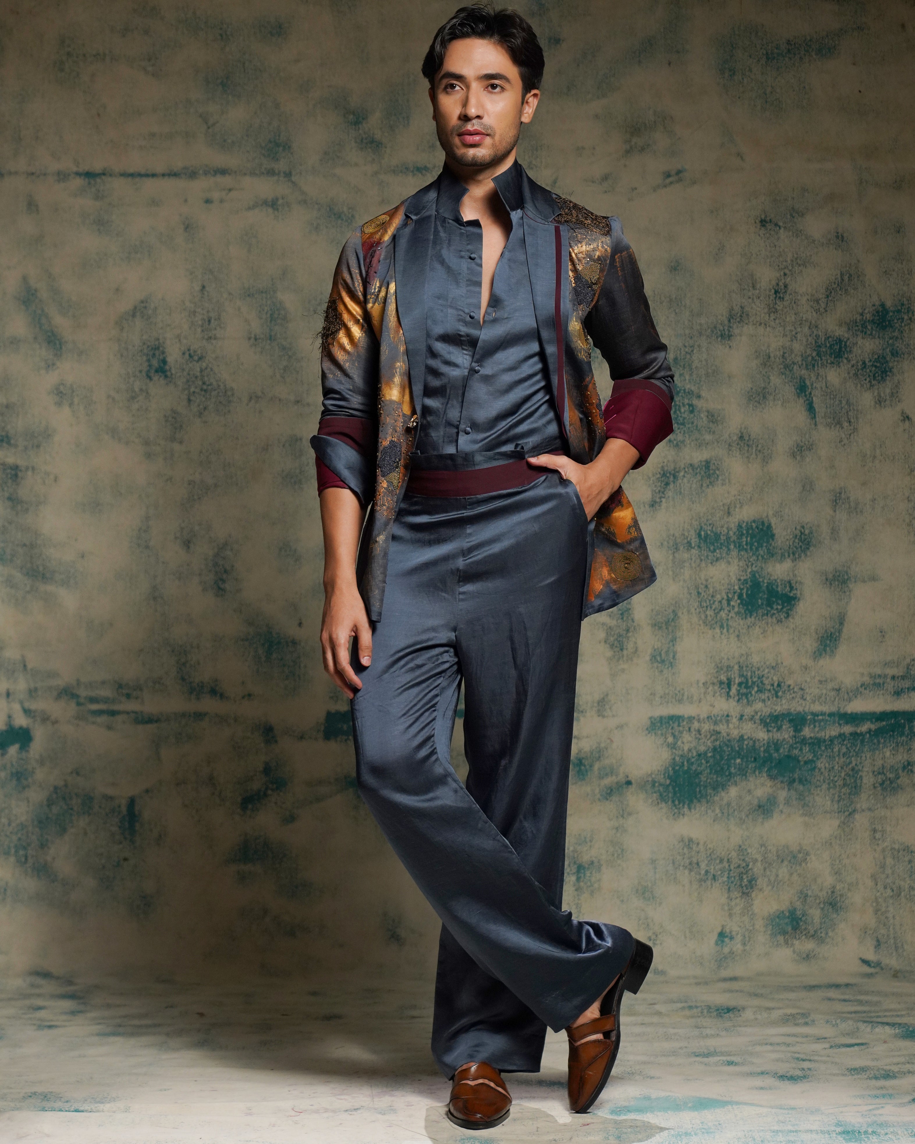 Charcoal Blue Hand Painted Concept Blazer Set