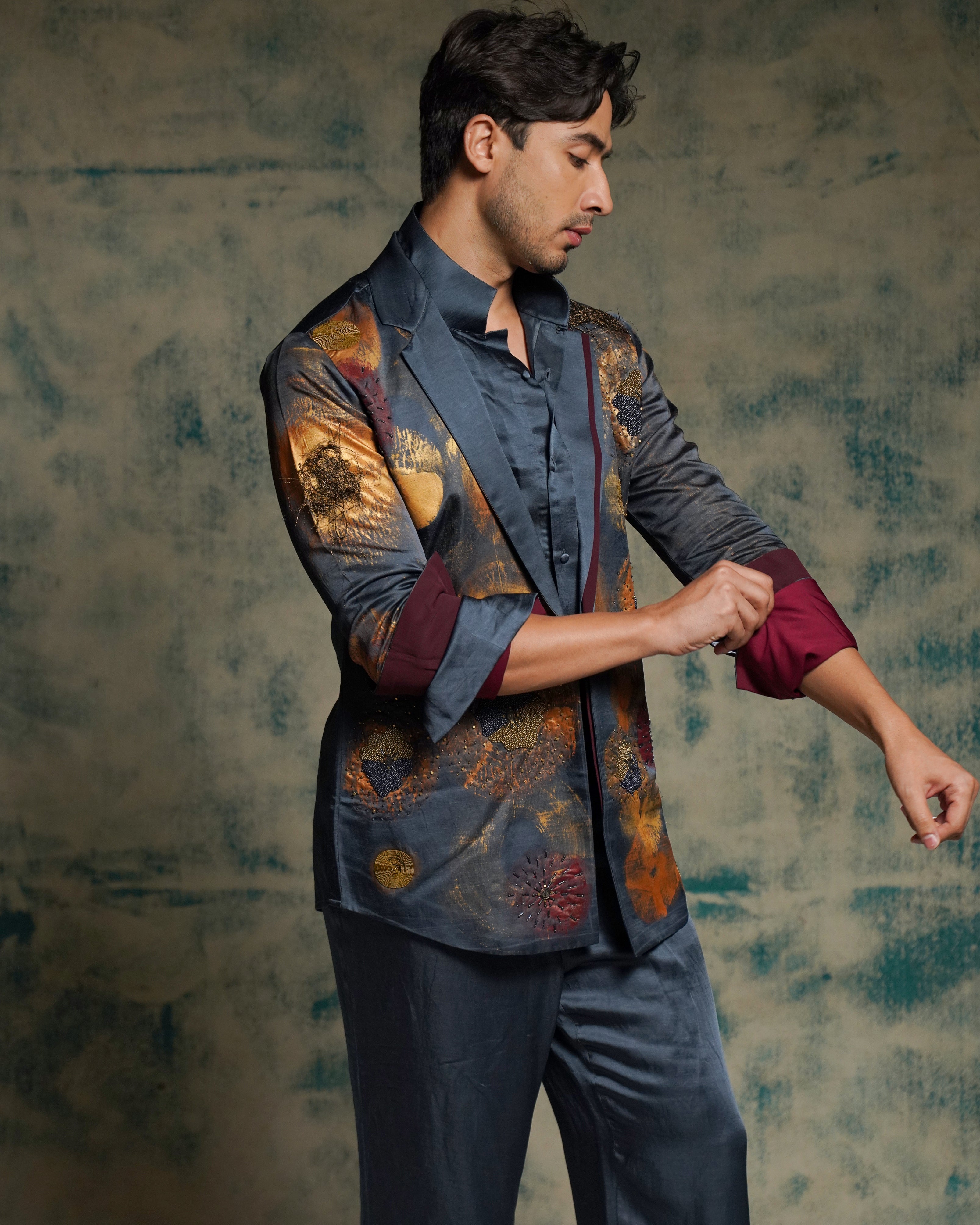 Charcoal Blue Hand Painted Concept Blazer Set