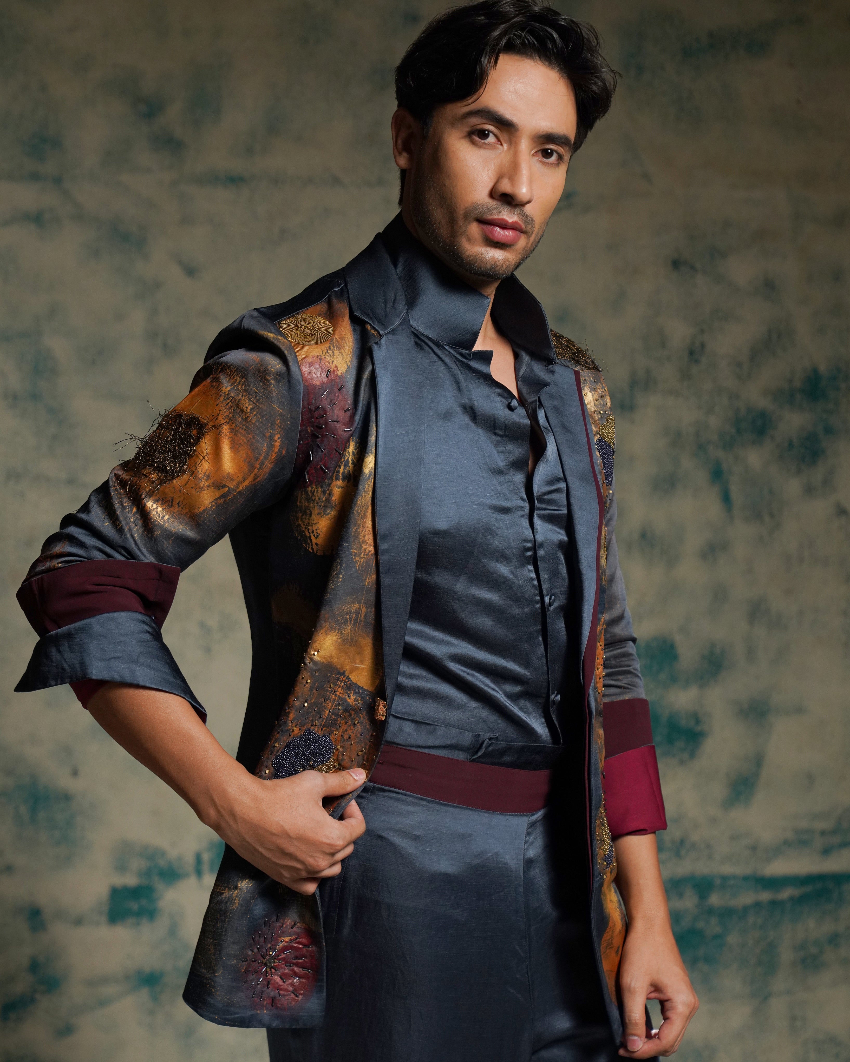 Charcoal Blue Hand Painted Concept Blazer Set