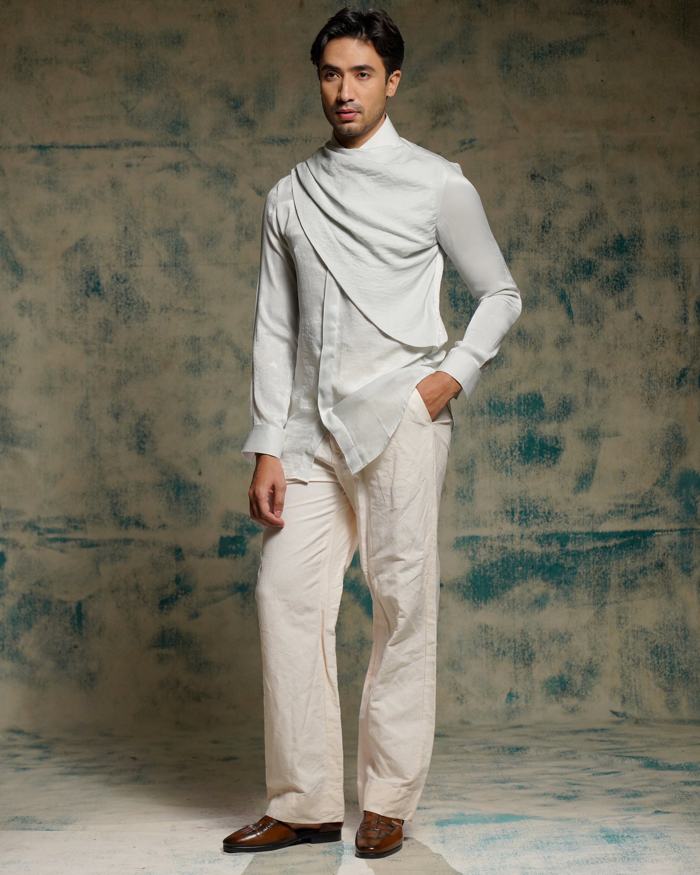 Silver Sandwash Drape Shirt Set