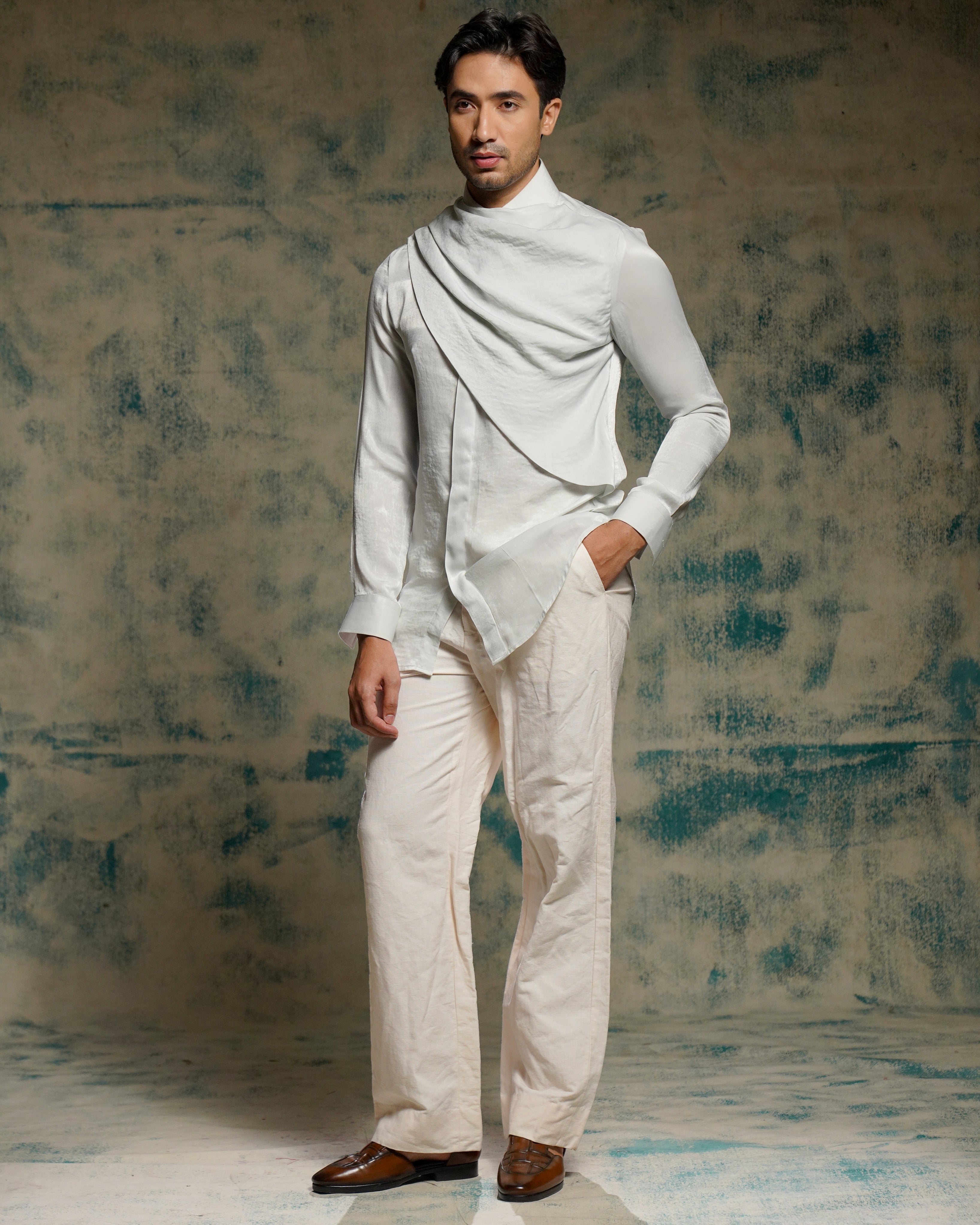 Silver Sandwash Drape Shirt Set