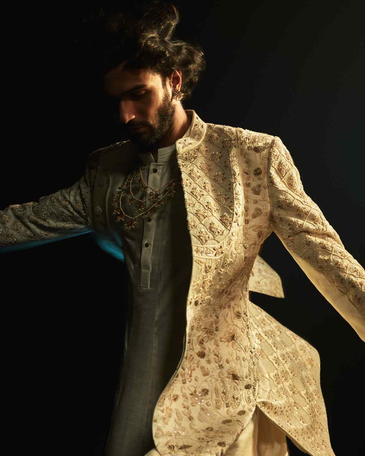 Ivory Embriodered Cutdana Sherwani Set