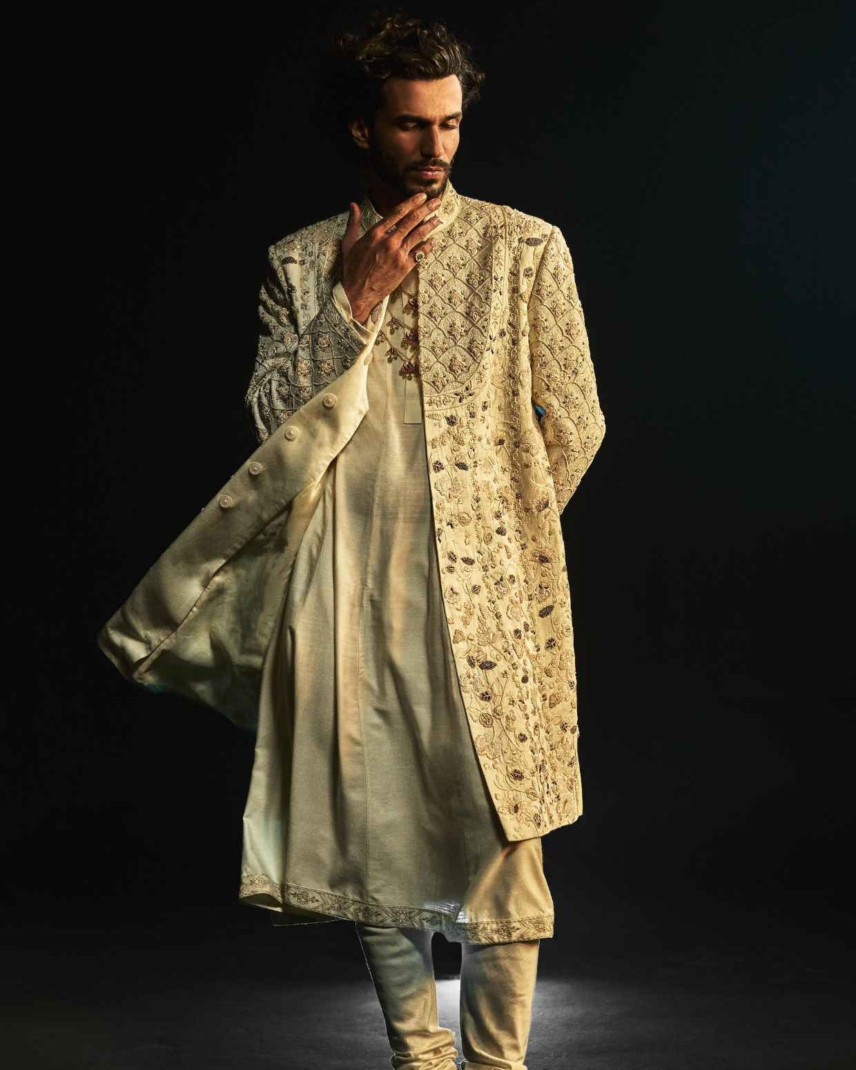 Ivory Embriodered Cutdana Sherwani Set