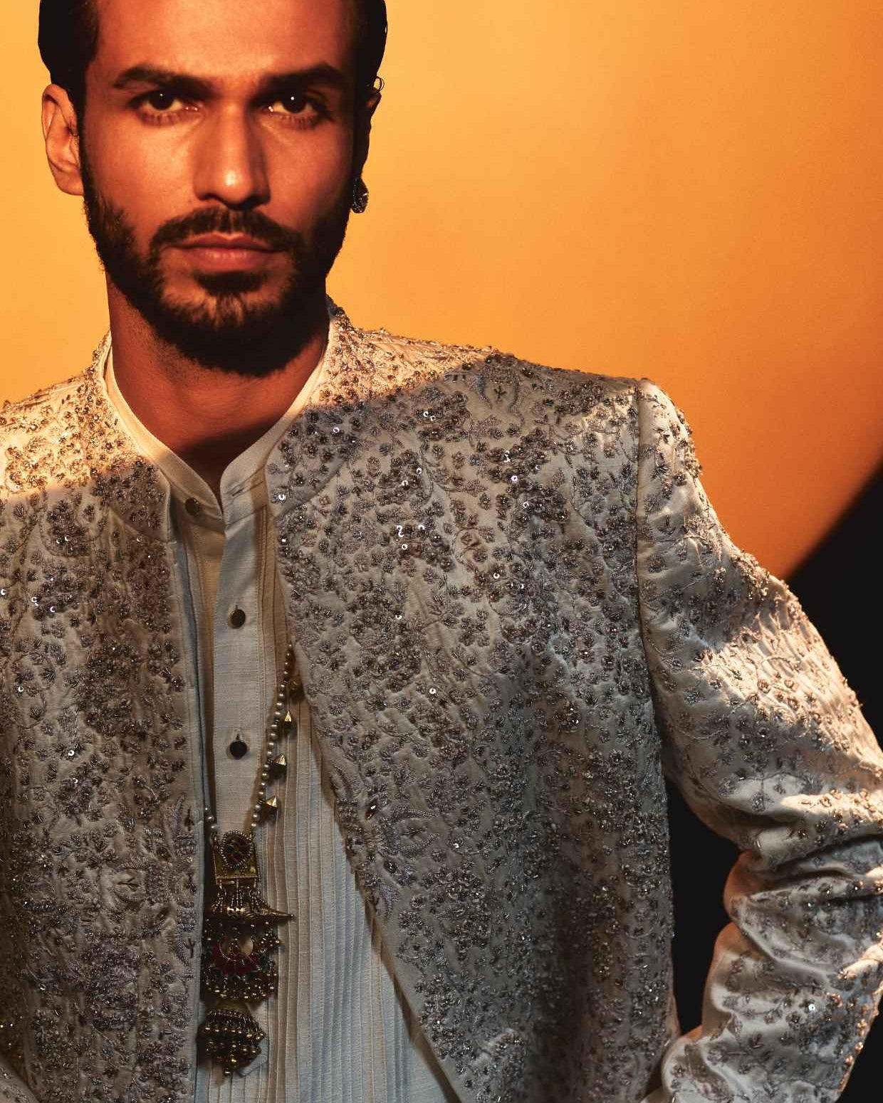Ethereal Rose Crème Zardosi Dabka Sherwani Set