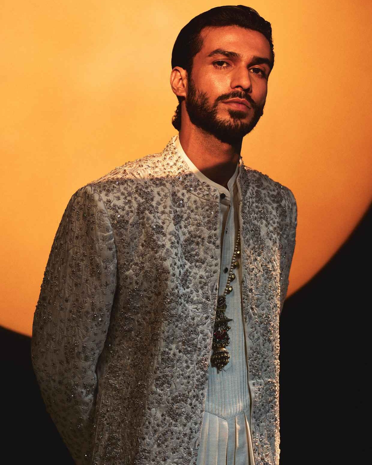 Ethereal Rose Crème Zardosi Dabka Sherwani Set