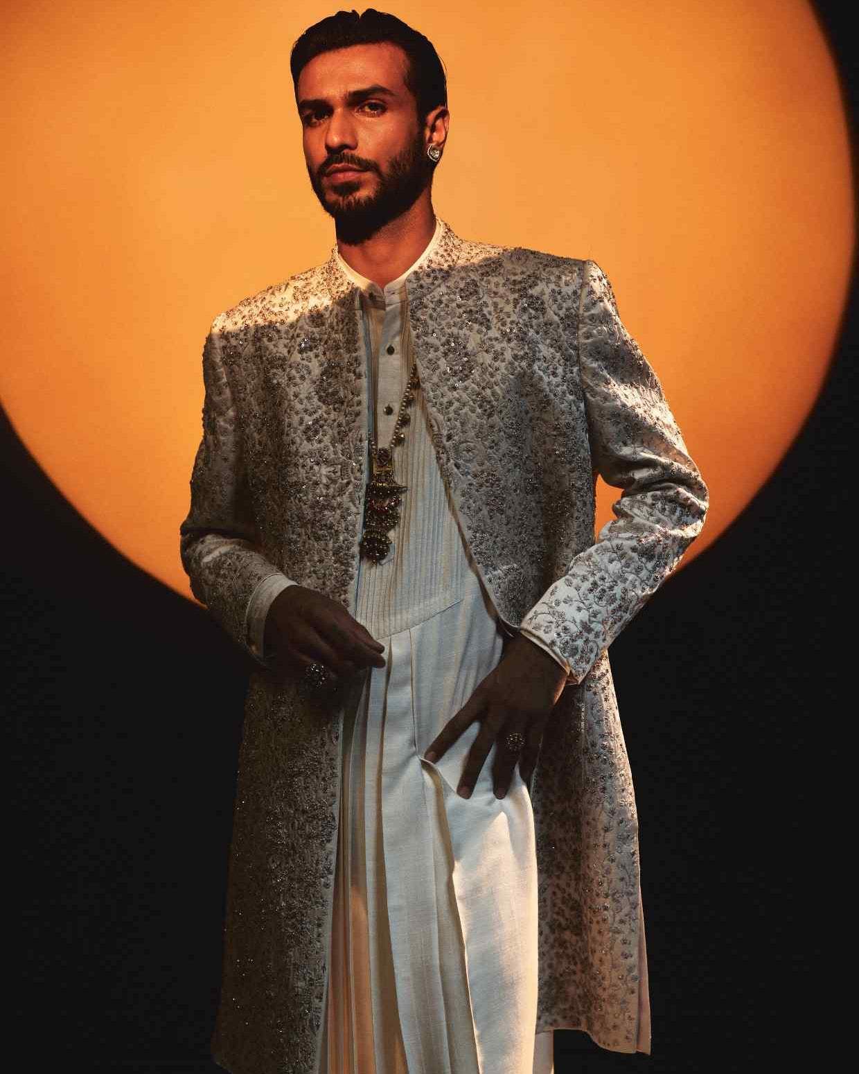 Ethereal Rose Crème Zardosi Dabka Sherwani Set