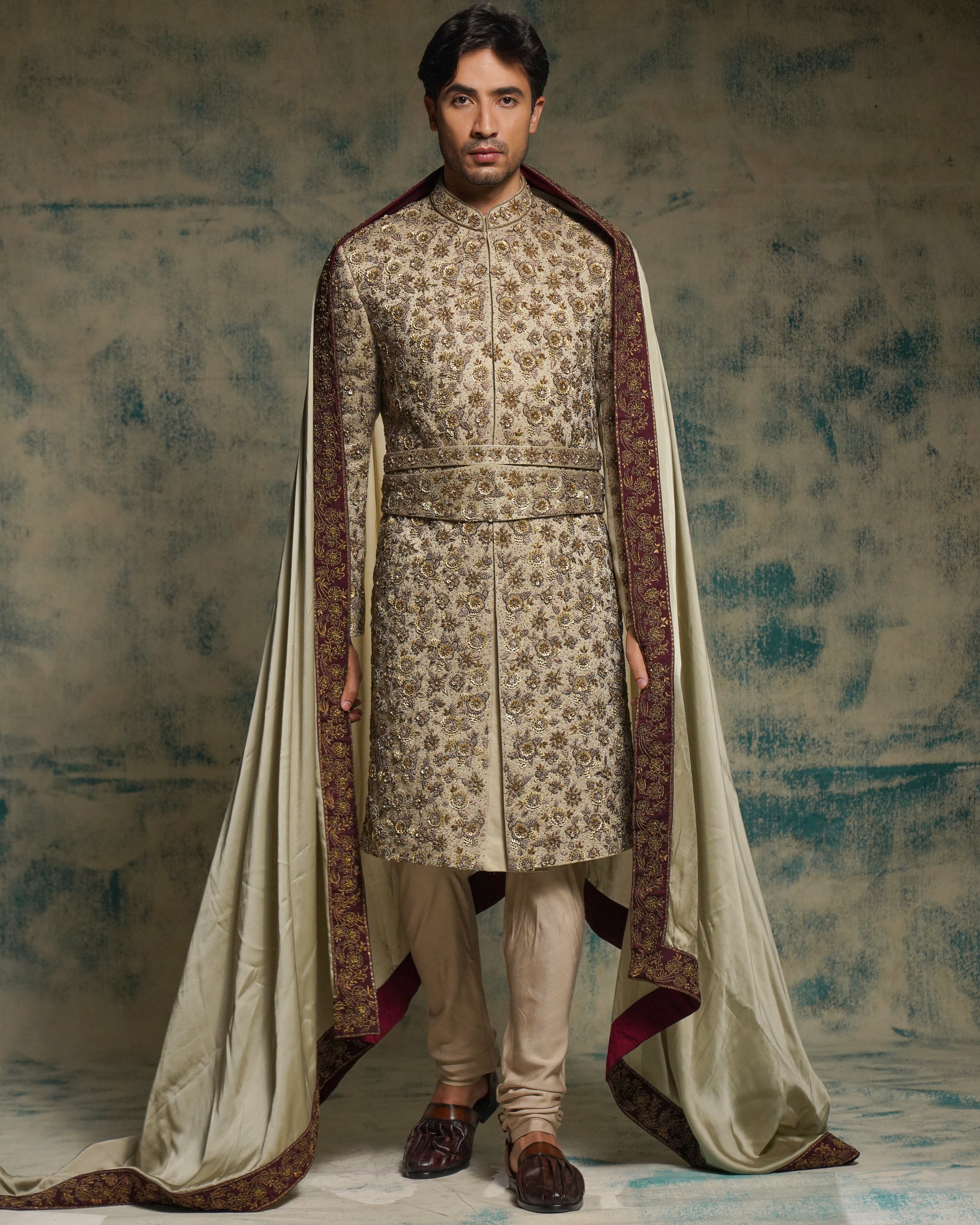 Sand Grey Linen Silk Embriodered Sherwani Set