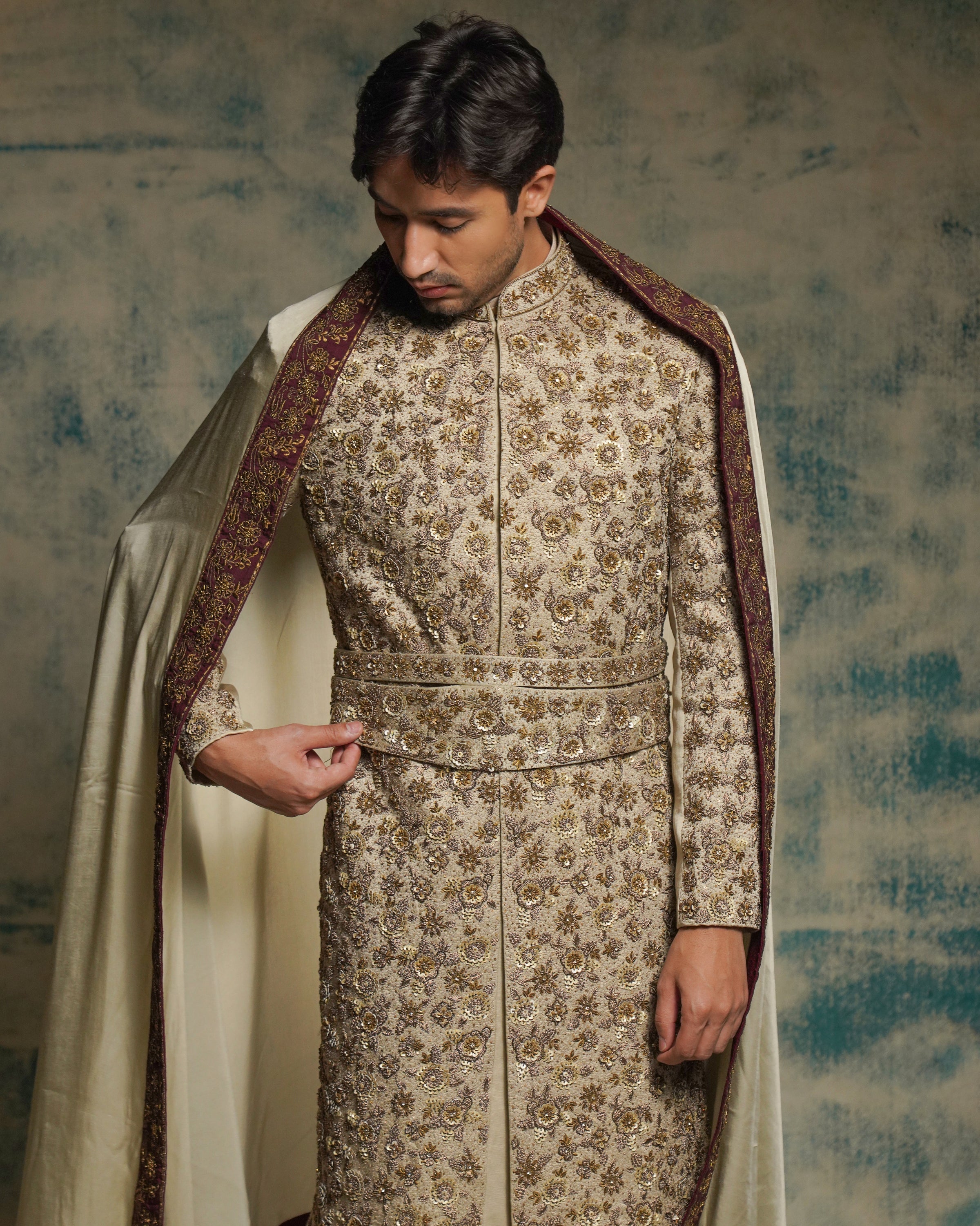 Sand Grey Linen Silk Embriodered Sherwani Set