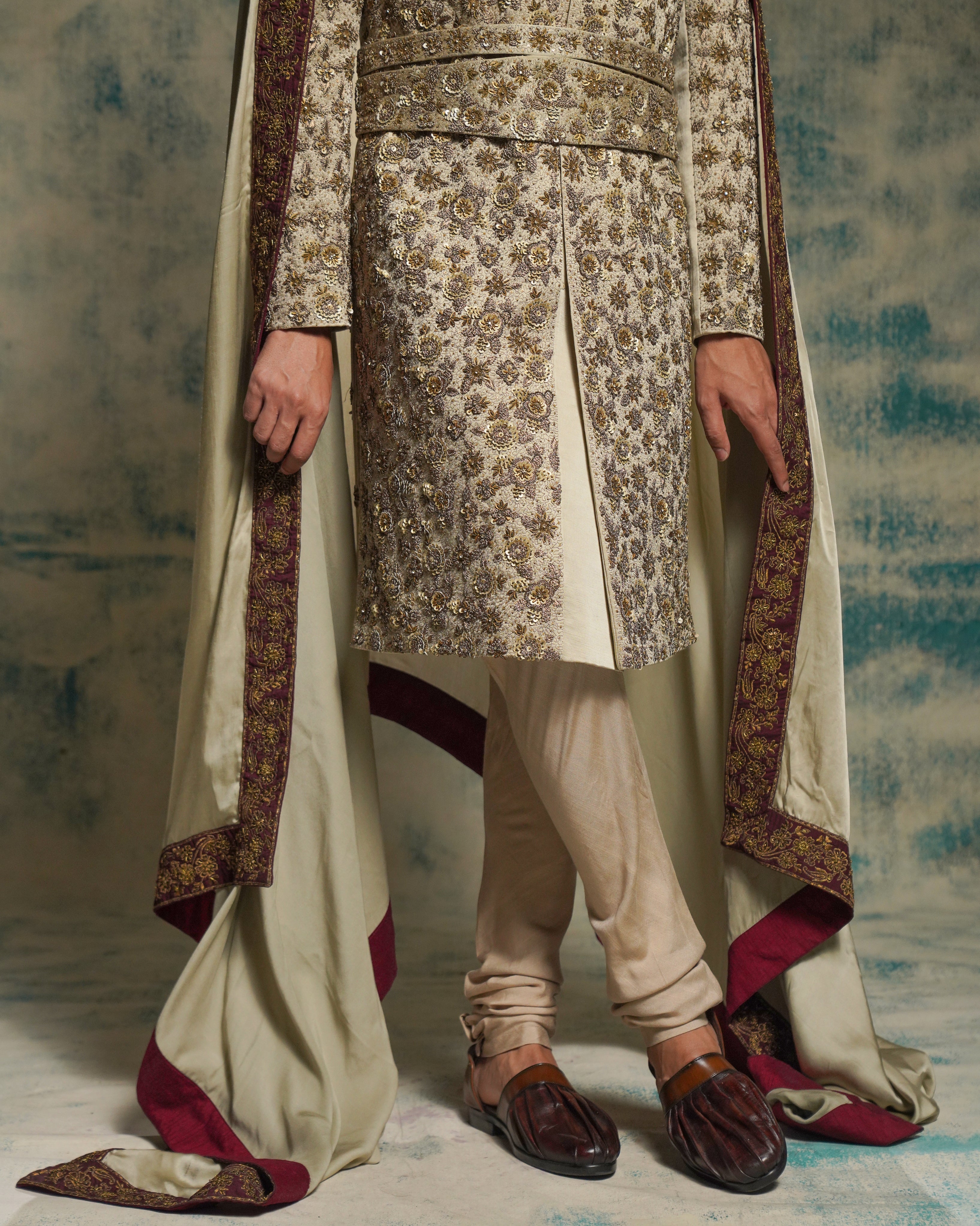 Sand Grey Linen Silk Embriodered Sherwani Set