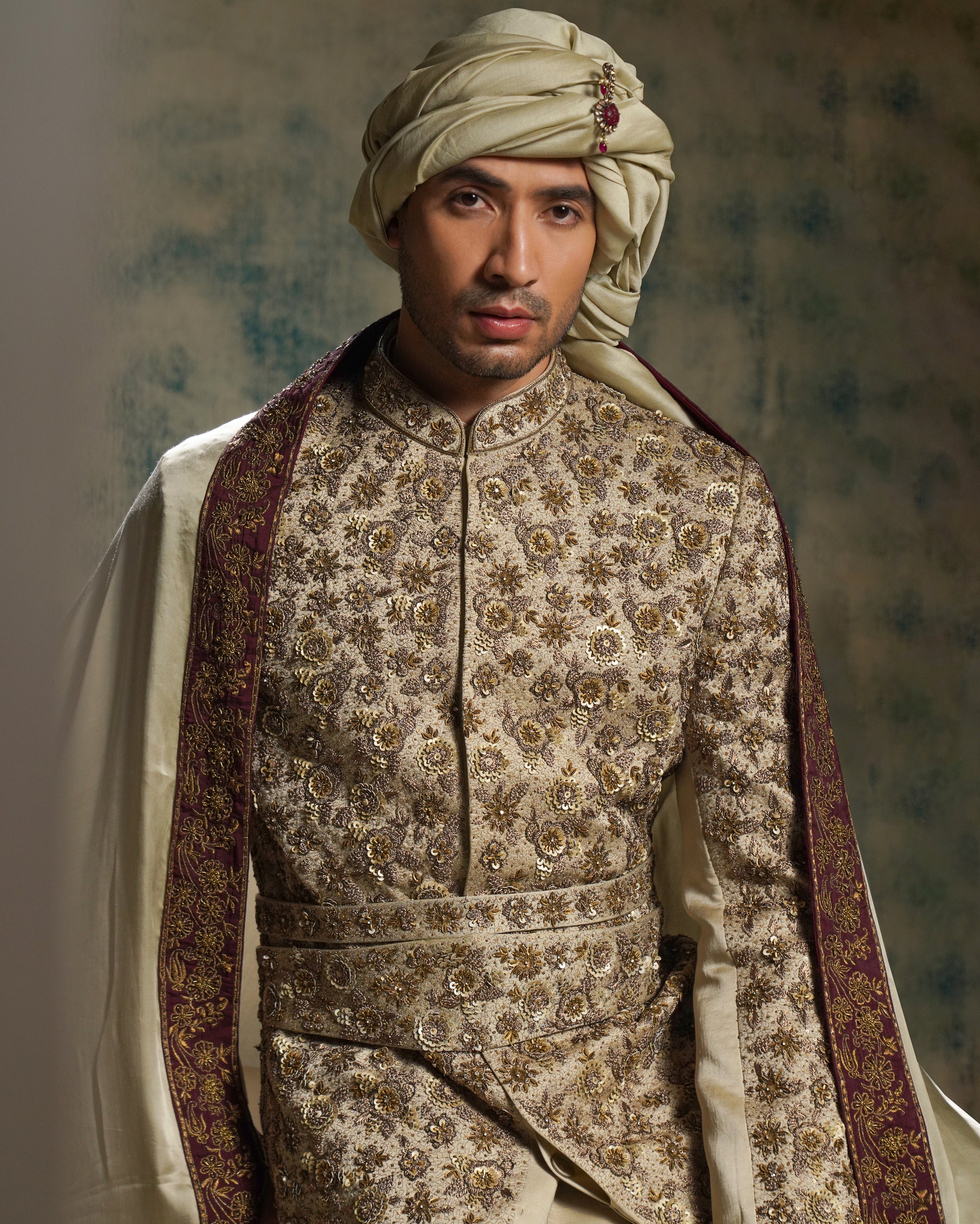 Sand Grey Linen Silk Embriodered Sherwani Set