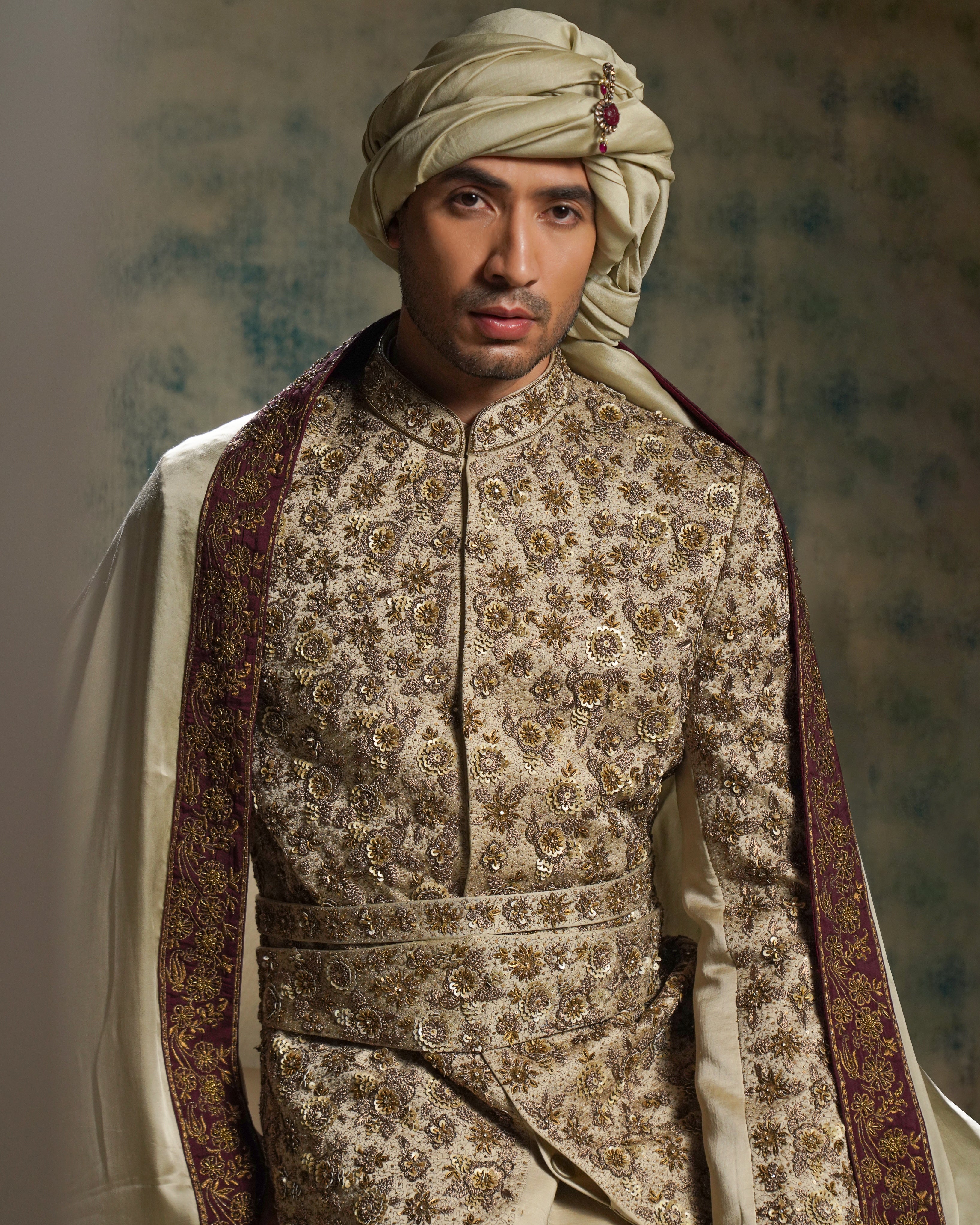 Sand Grey Linen Silk Embriodered Sherwani Set