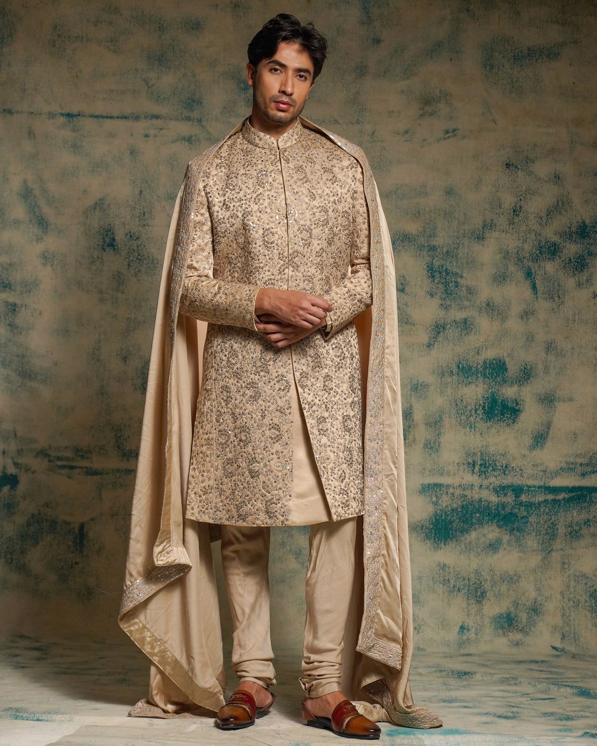 Light Sand Grey Linen Silk Embriodered Sherwani Set