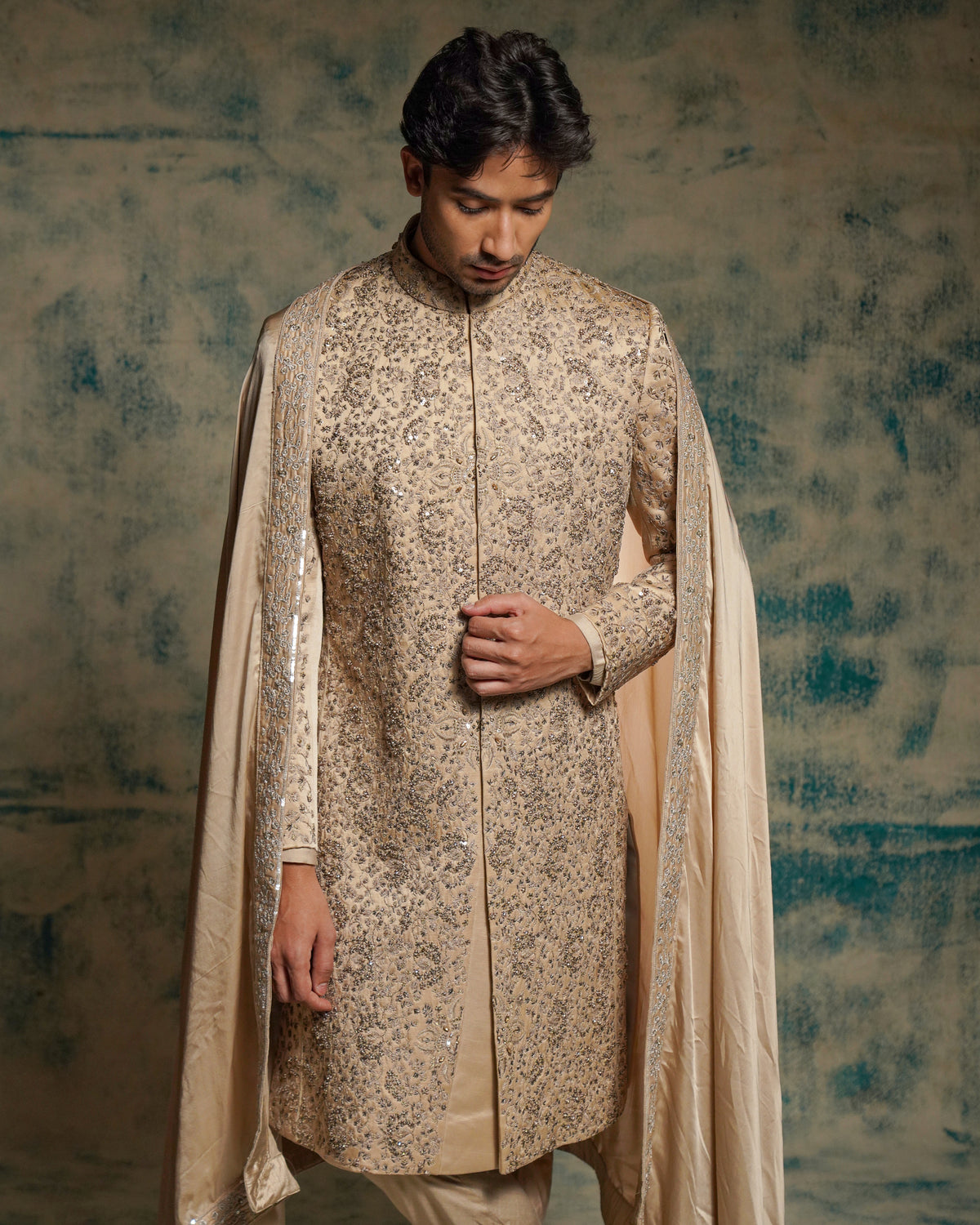 Light Sand Grey Linen Silk Embriodered Sherwani Set