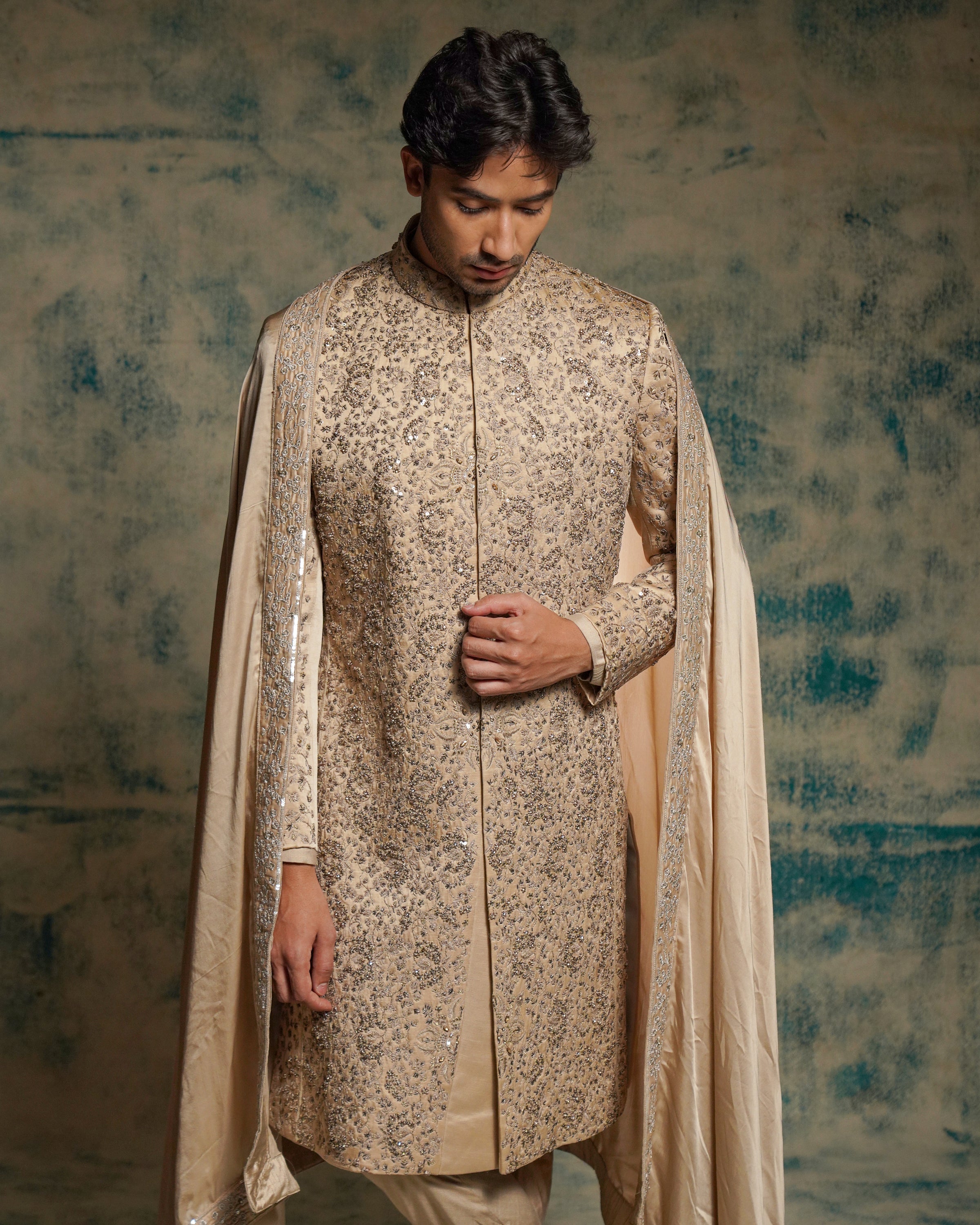 Light Sand Grey Linen Silk Embriodered Sherwani Set