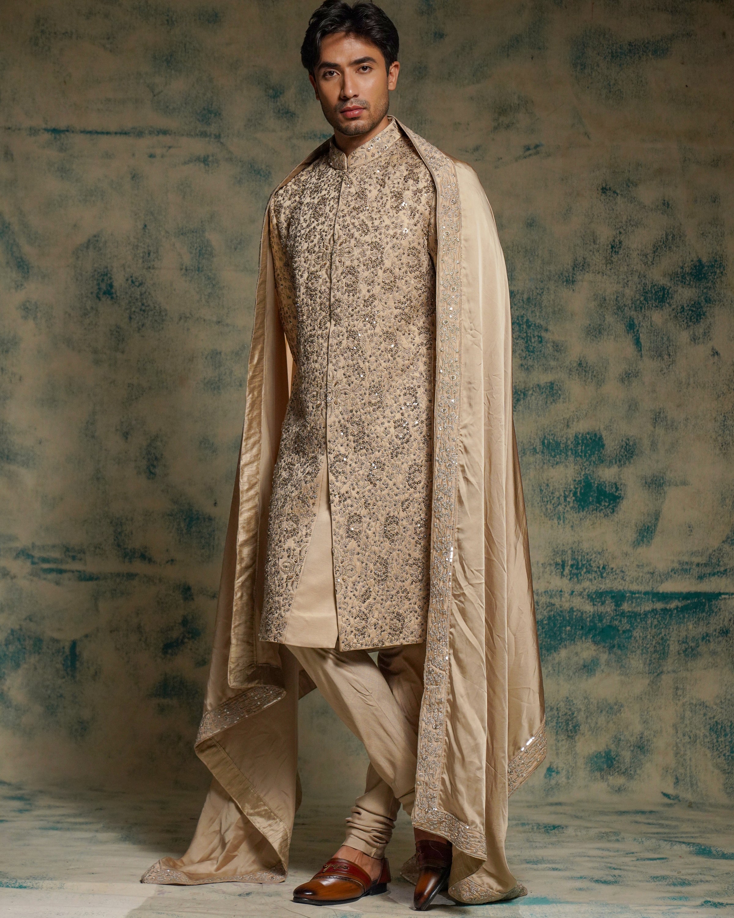 Light Sand Grey Linen Silk Embriodered Sherwani Set
