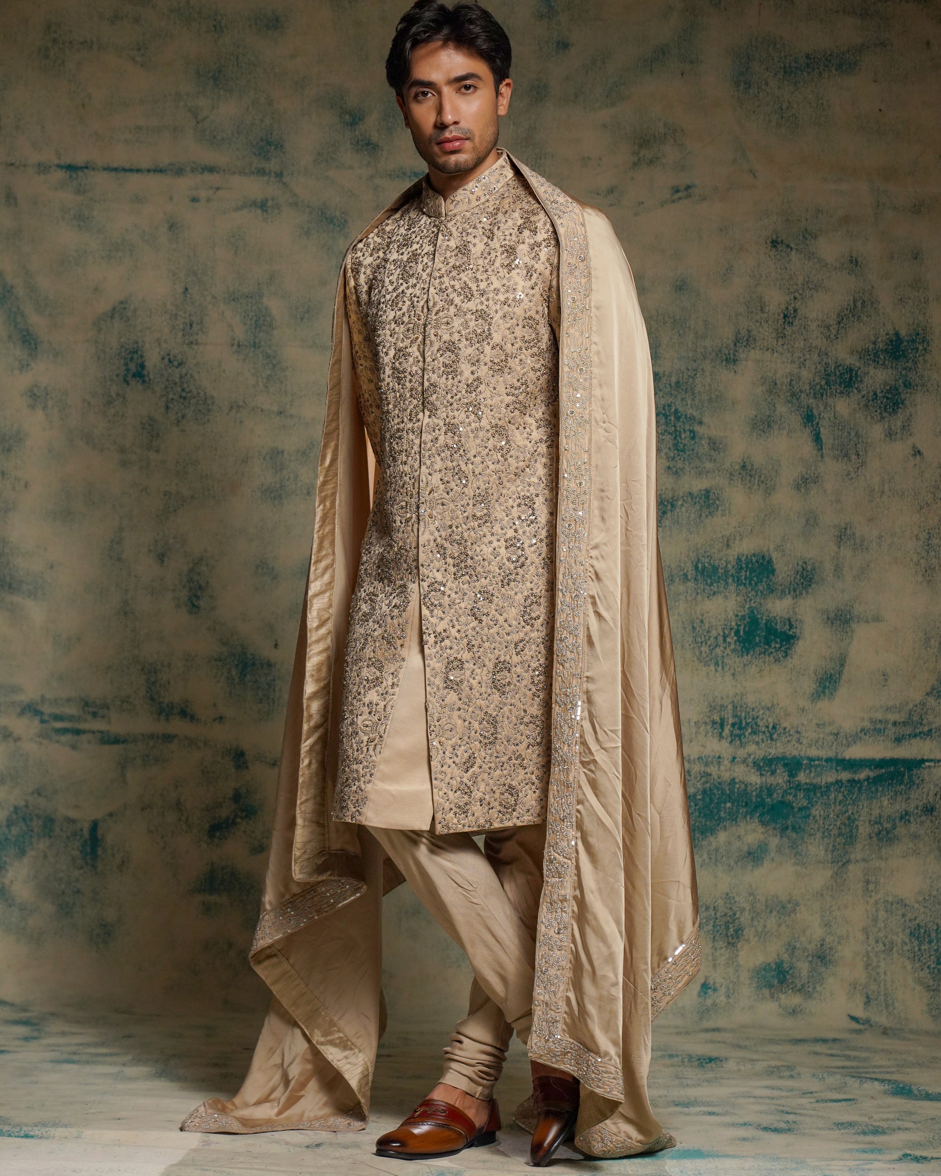 Light Sand Grey Linen Silk Embriodered Sherwani Set