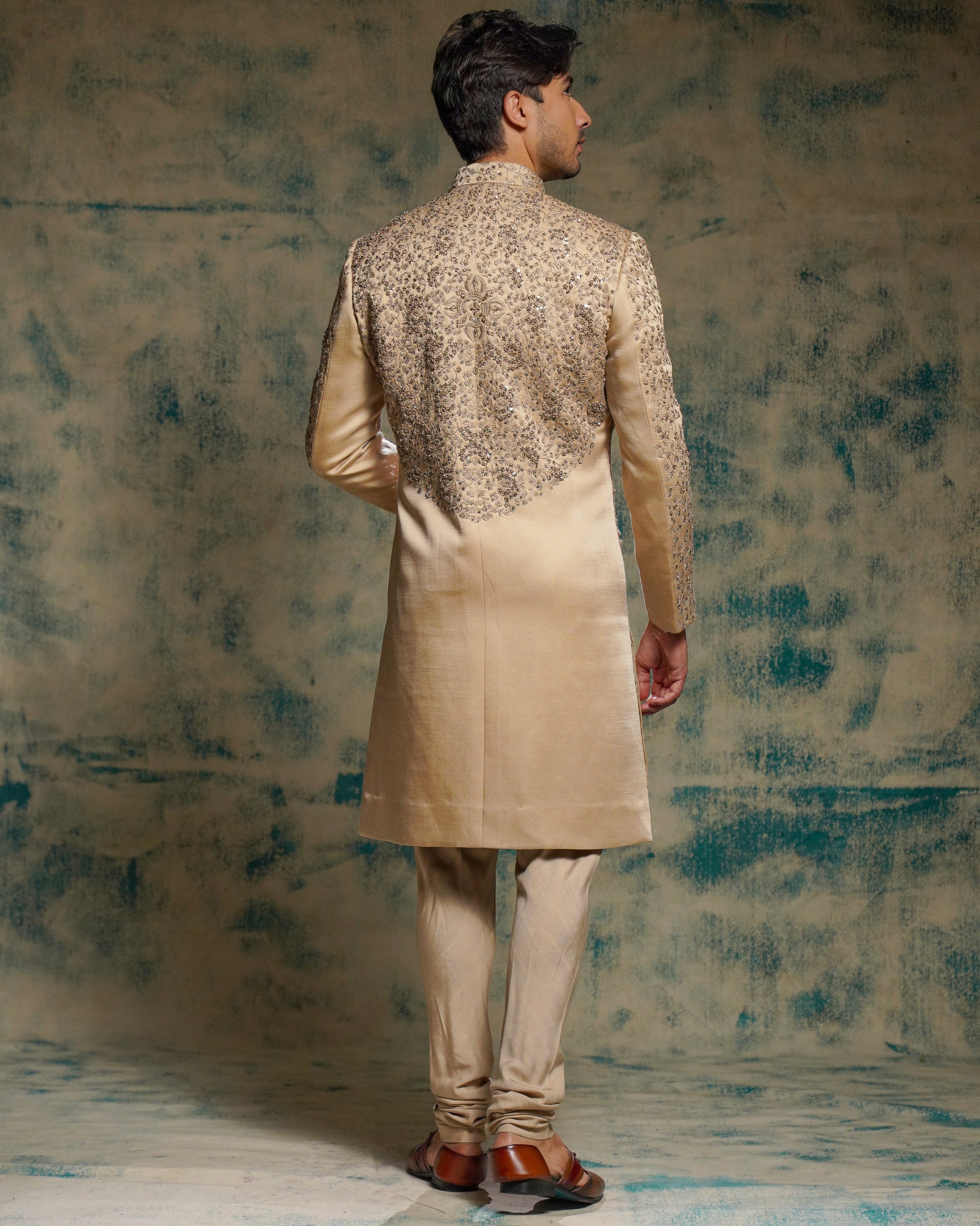 Light Sand Grey Linen Silk Embriodered Sherwani Set