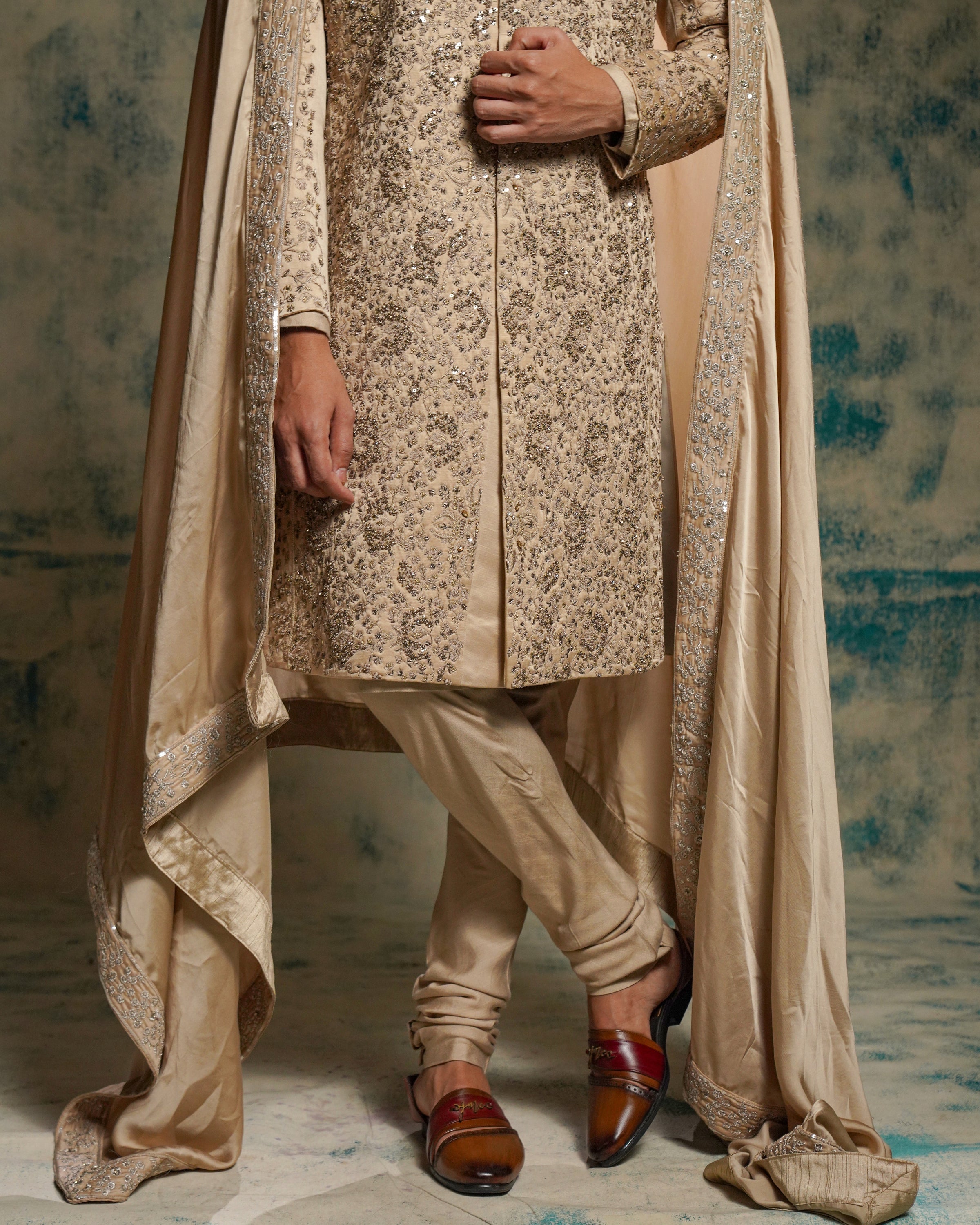 Light Sand Grey Linen Silk Embriodered Sherwani Set