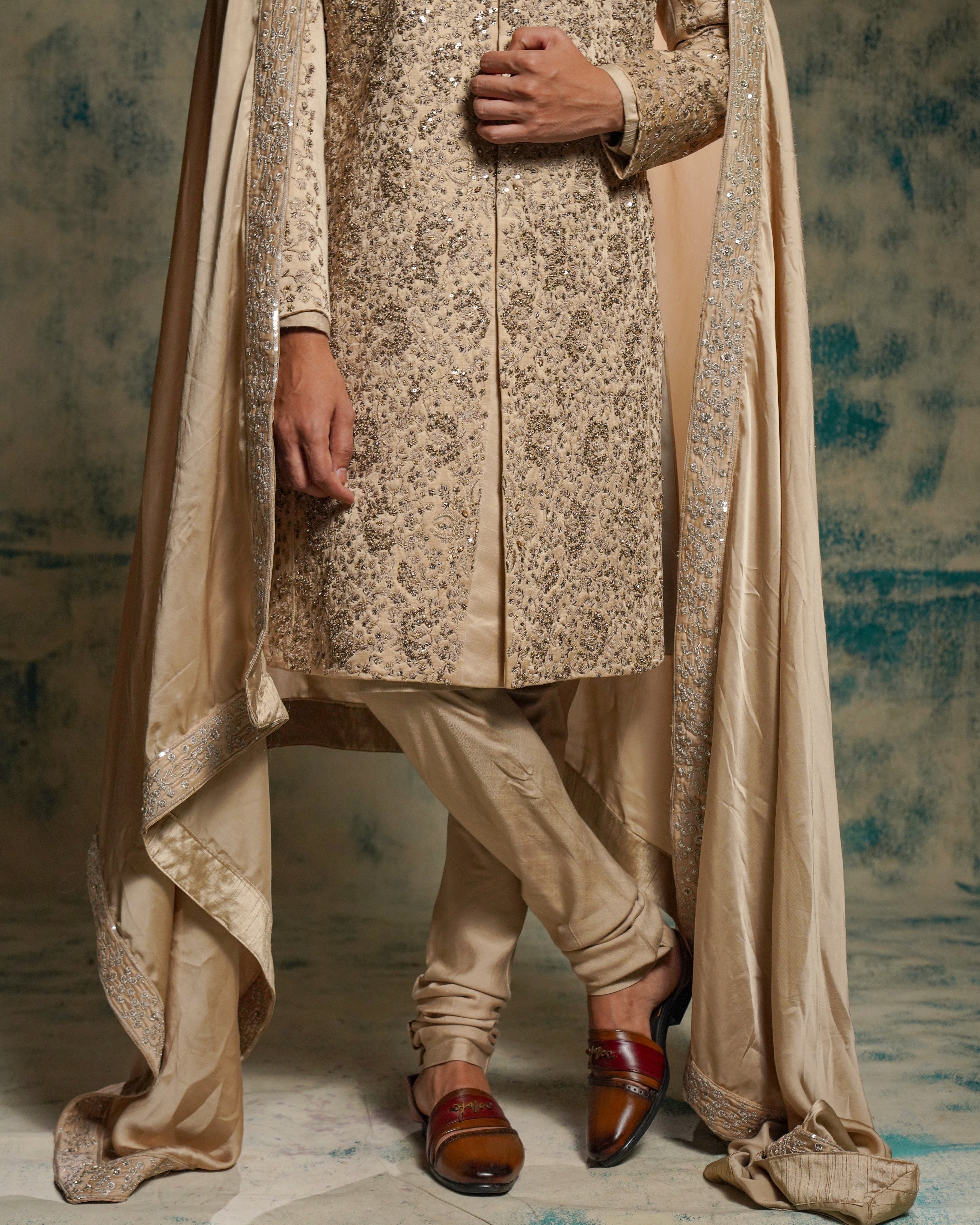 Light Sand Grey Linen Silk Embriodered Sherwani Set