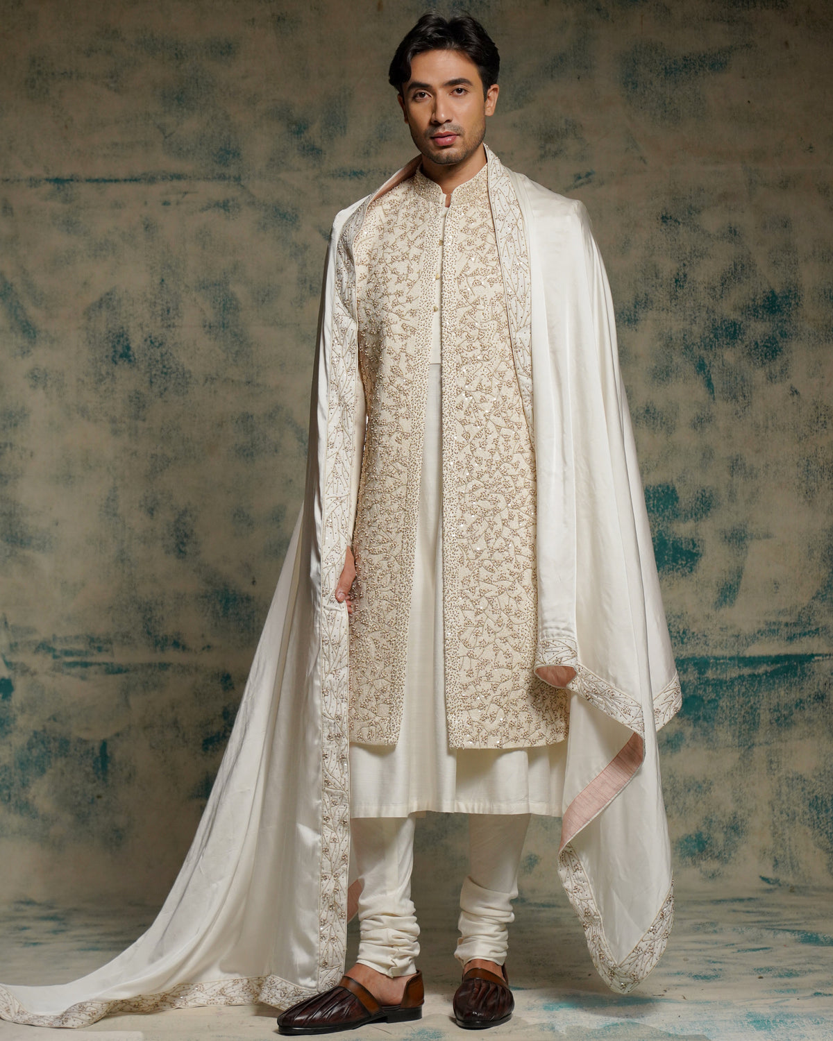 Ivory Embriodered Pearl Open Sherwani Set