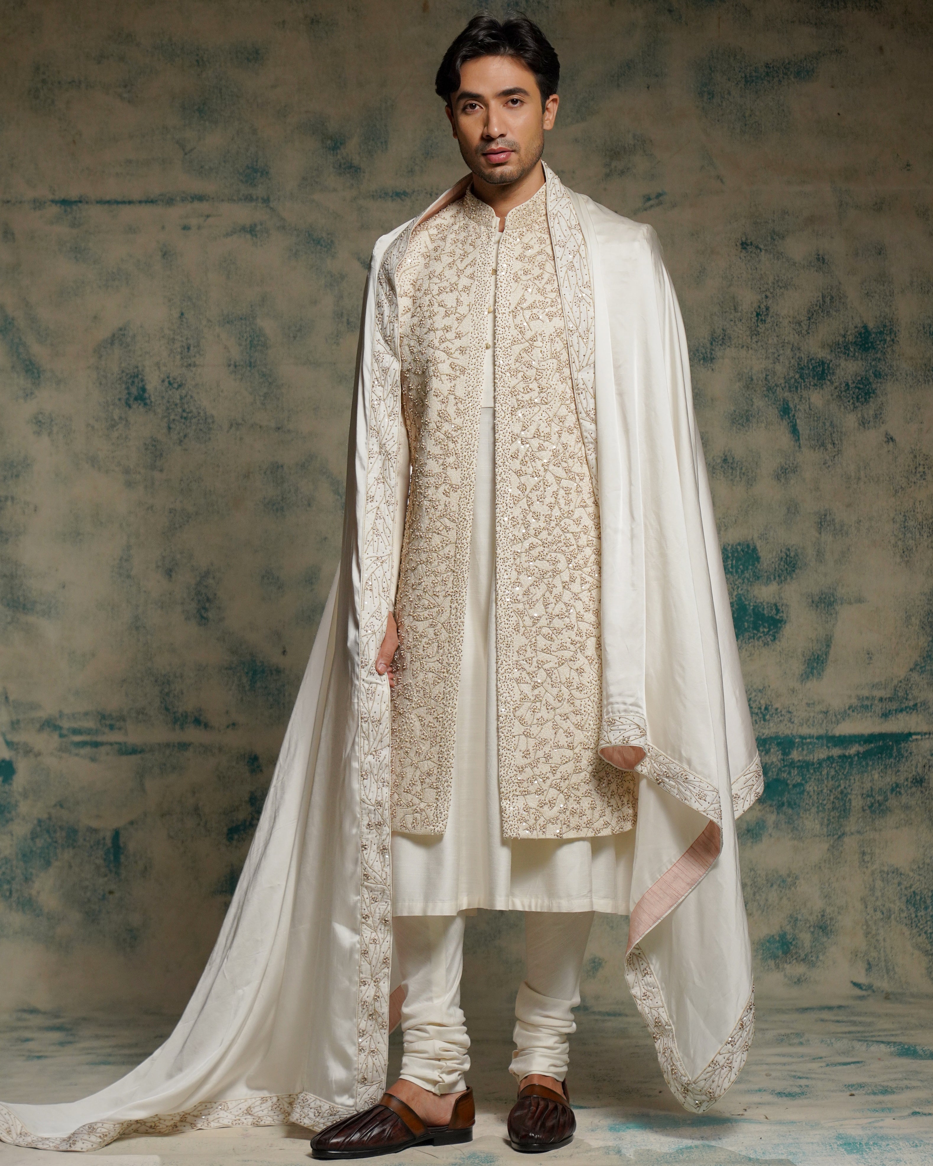 Ivory Embriodered Pearl Open Sherwani Set