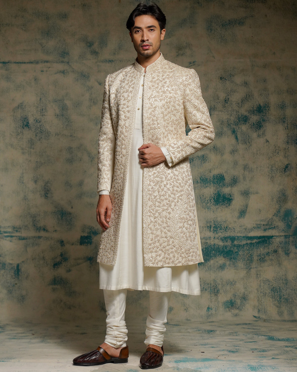 Ivory Embriodered Pearl Open Sherwani Set