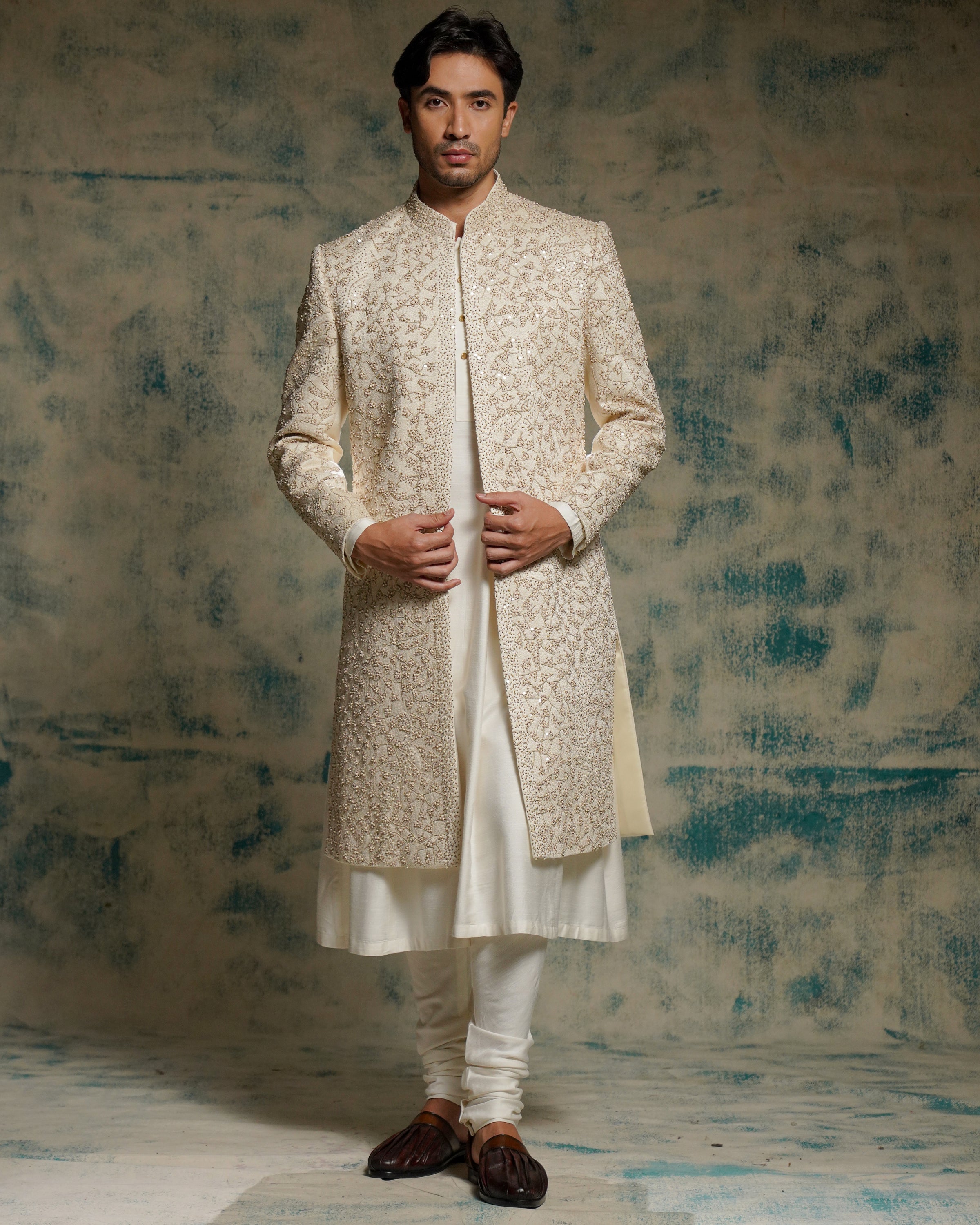 Ivory Embriodered Pearl Open Sherwani Set