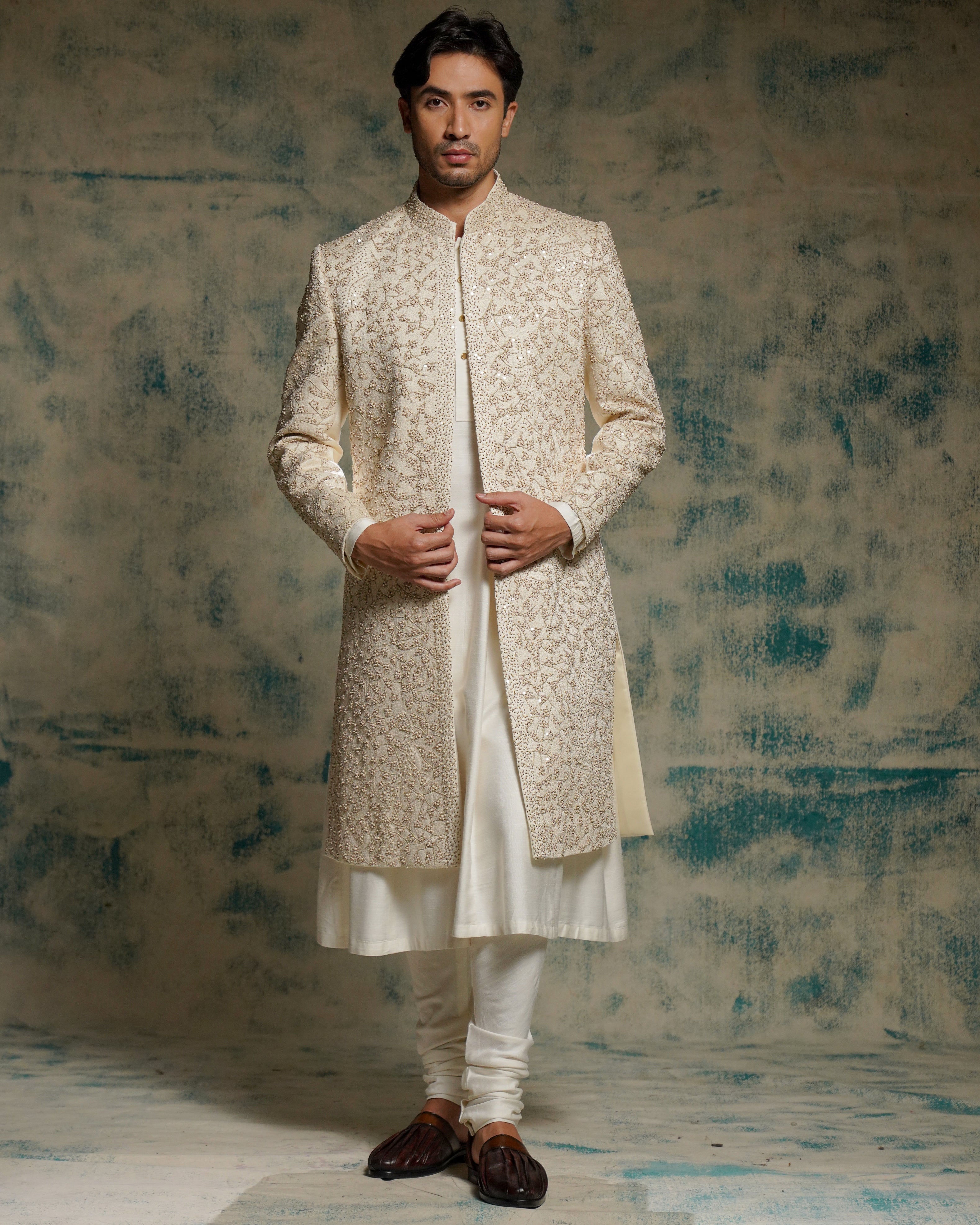 Ivory Embriodered Pearl Open Sherwani Set