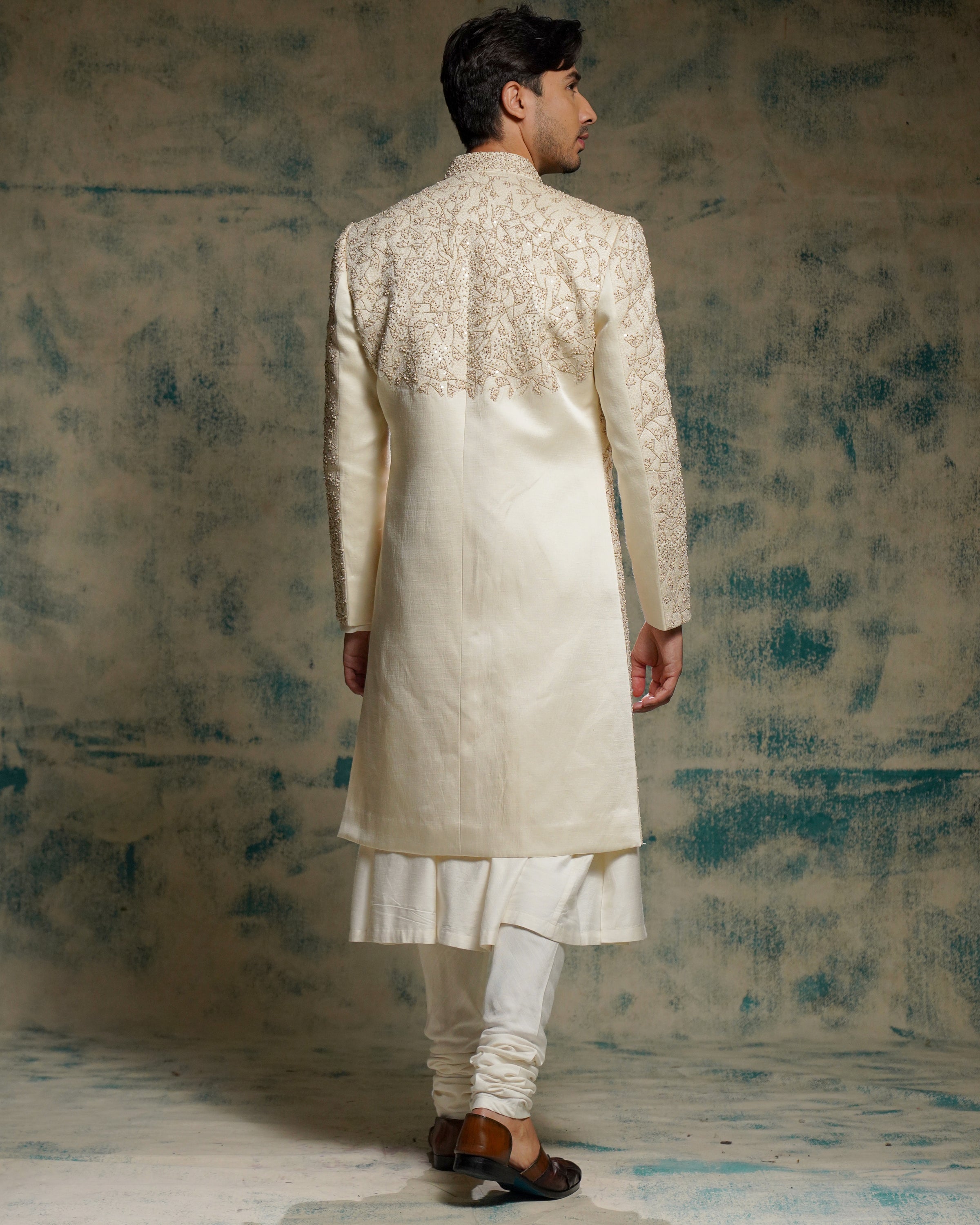 Ivory Embriodered Pearl Open Sherwani Set