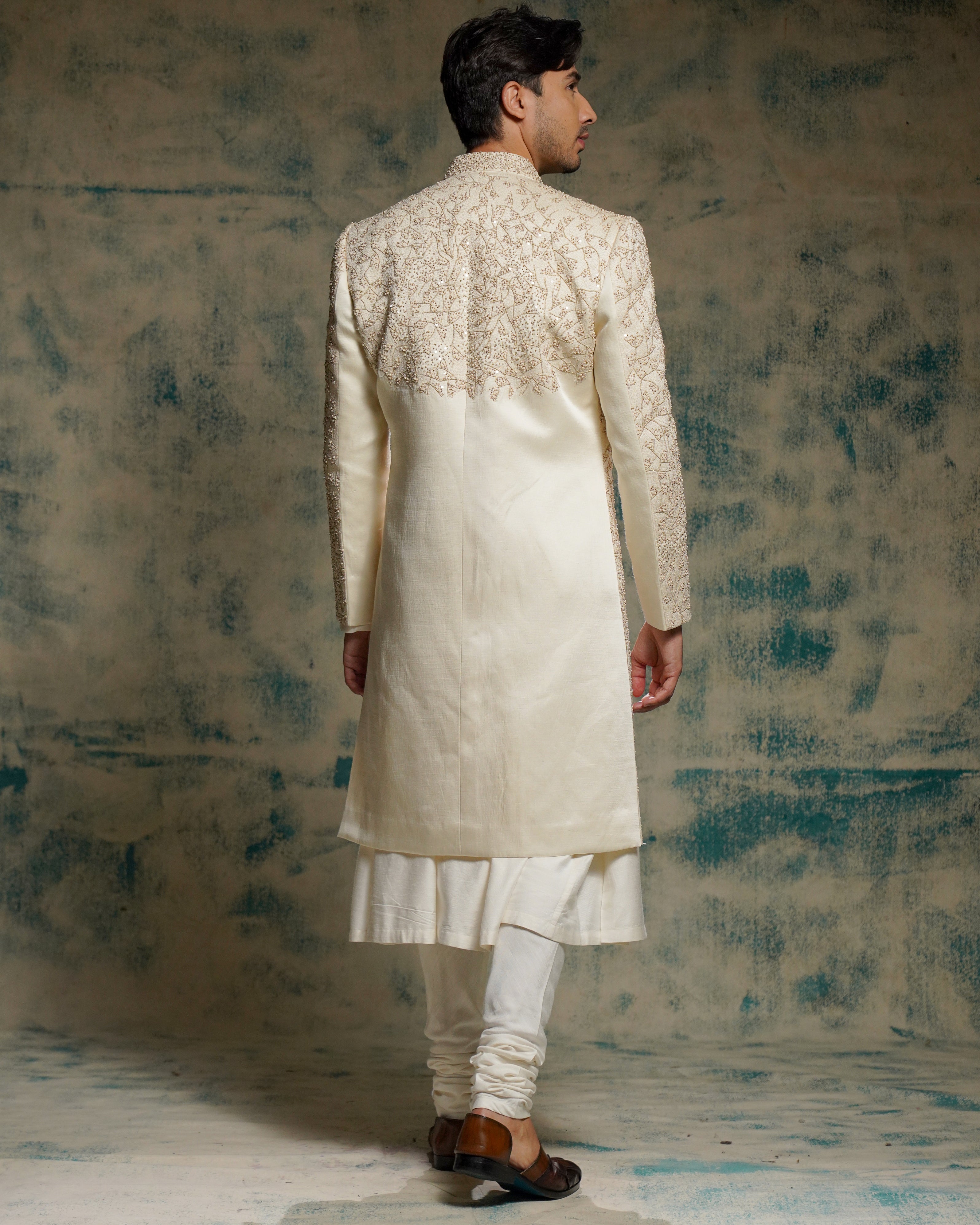 Ivory Embriodered Pearl Open Sherwani Set