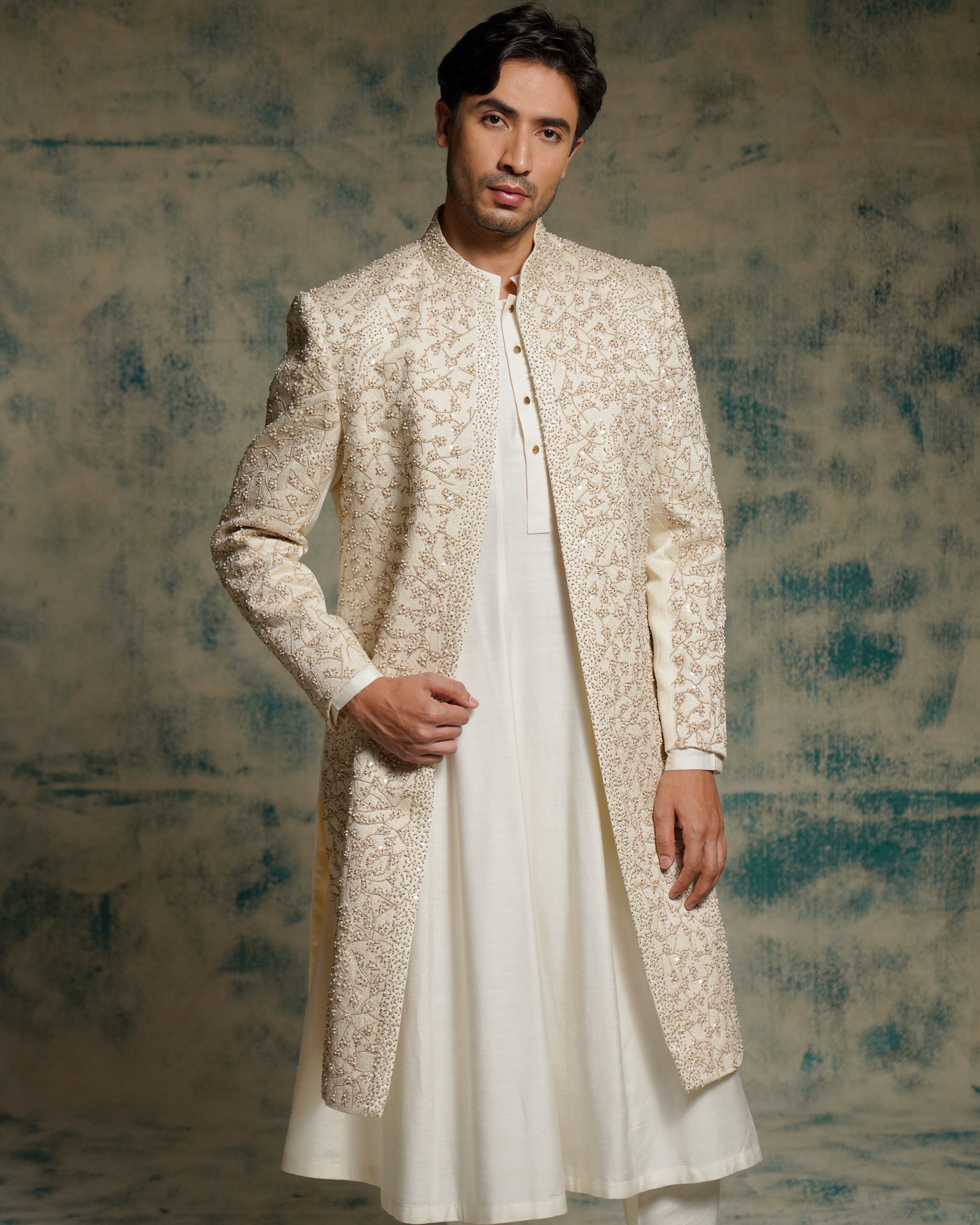 Ivory Embriodered Pearl Open Sherwani Set