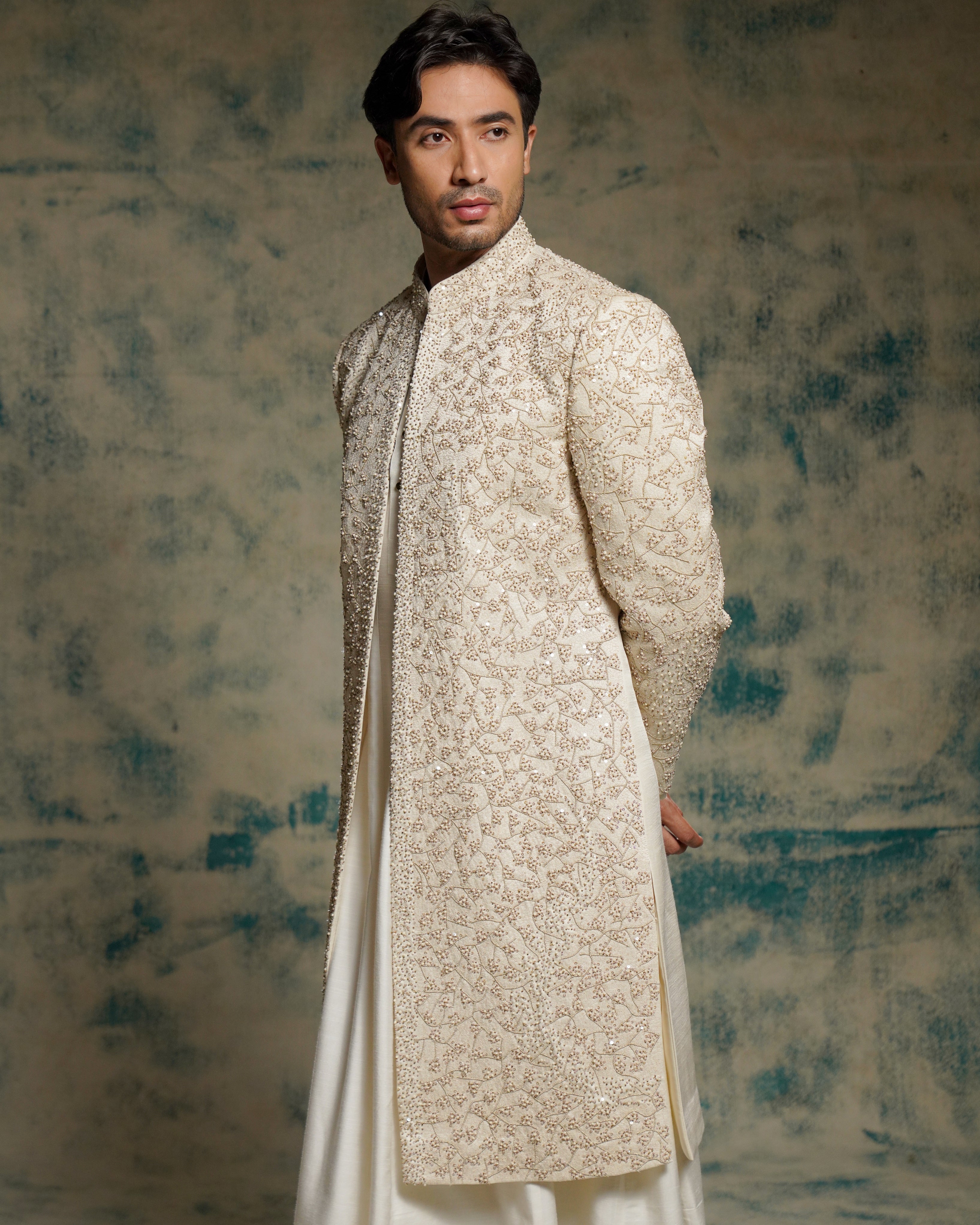 Ivory Embriodered Pearl Open Sherwani Set