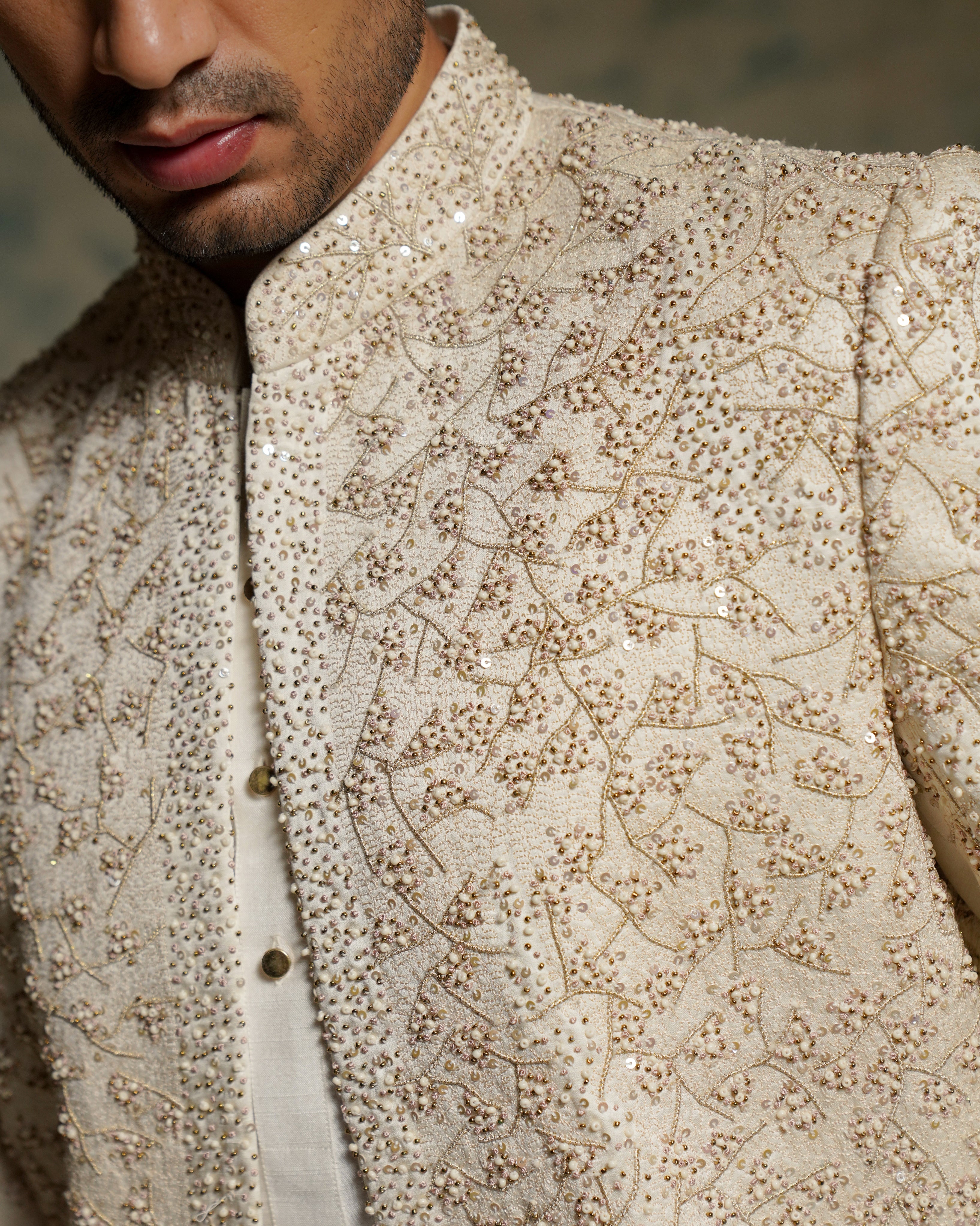 Ivory Embriodered Pearl Open Sherwani Set