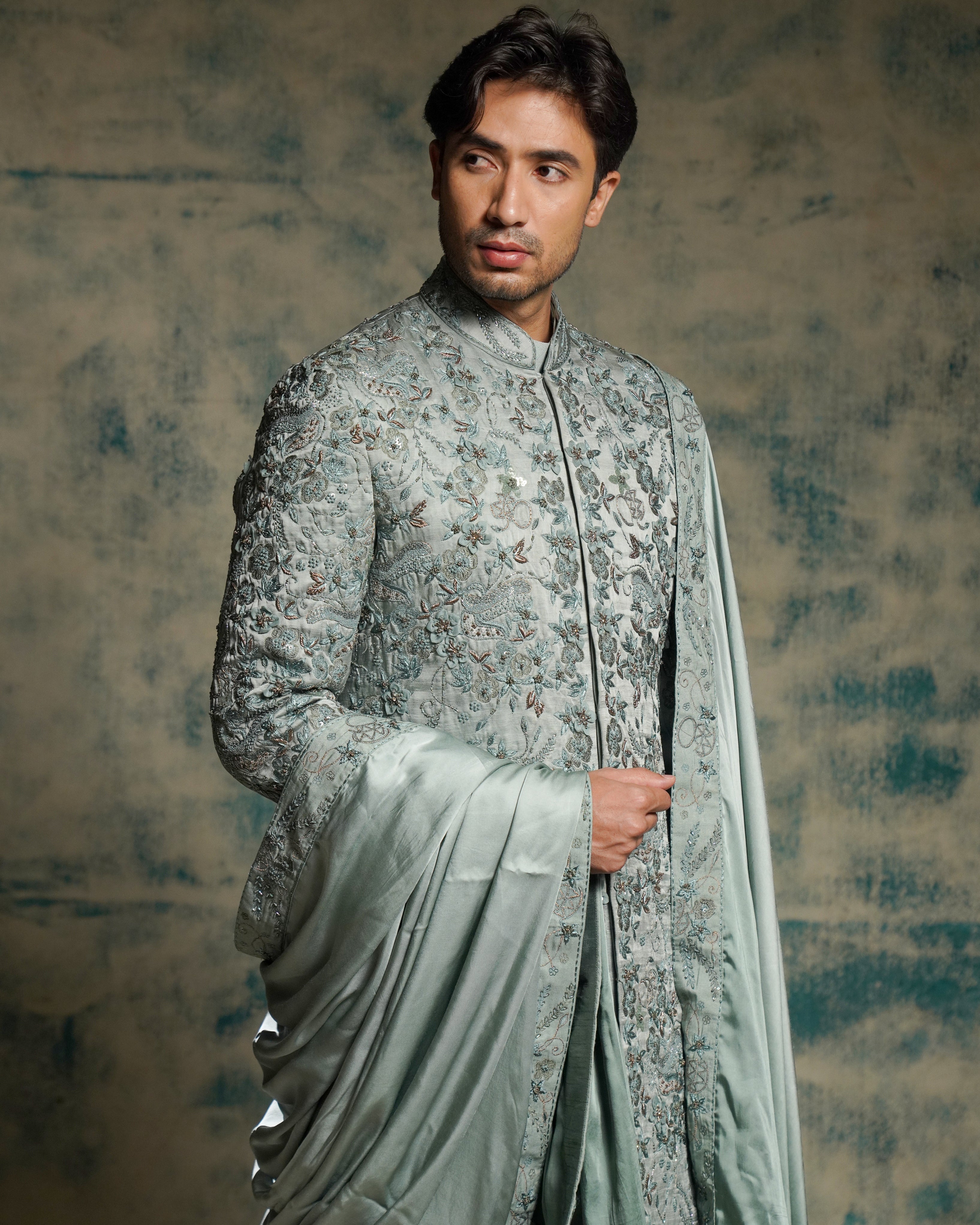 Chateau Gray Hand Embroidered Sherwani Set