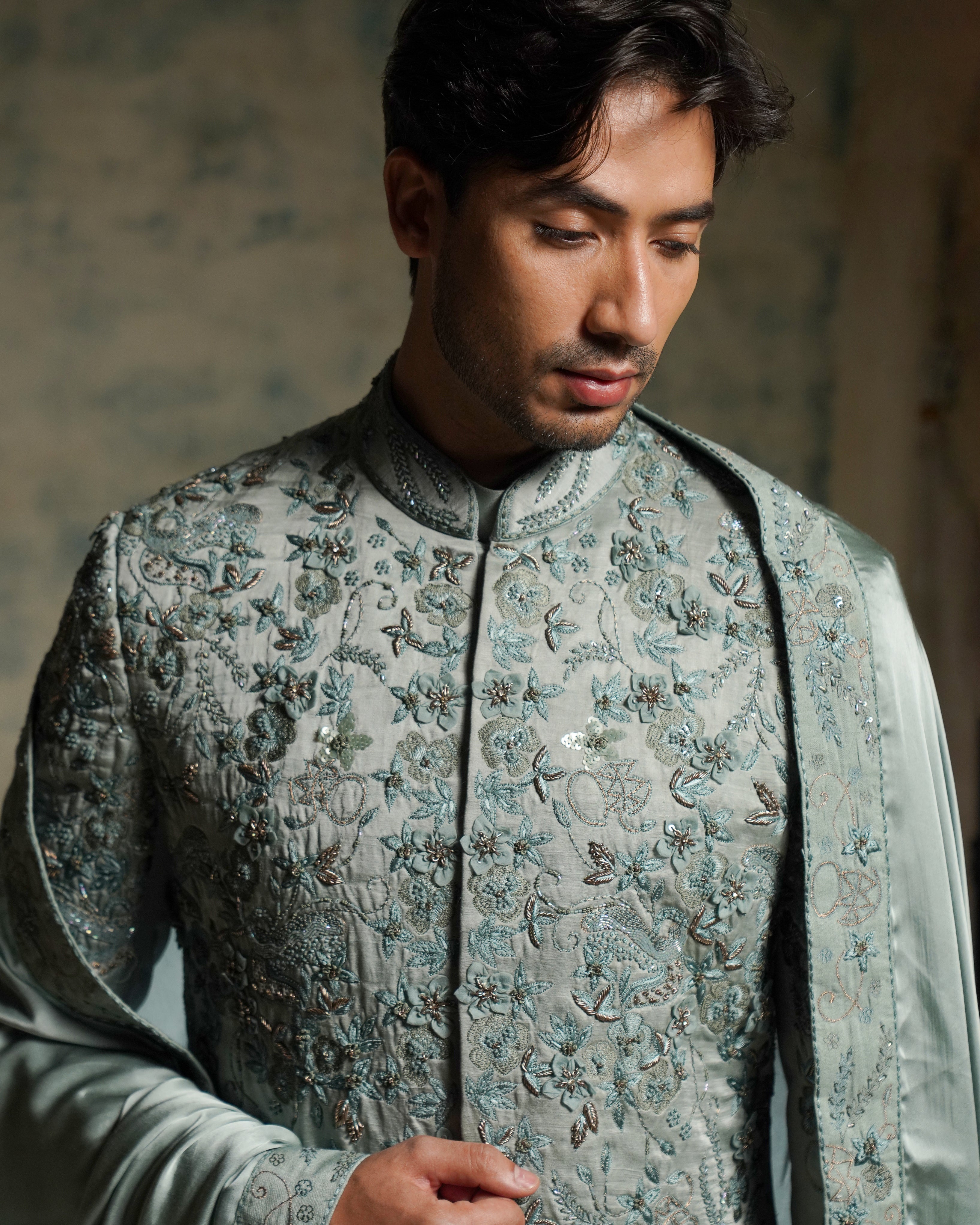 Chateau Gray Hand Embroidered Sherwani Set