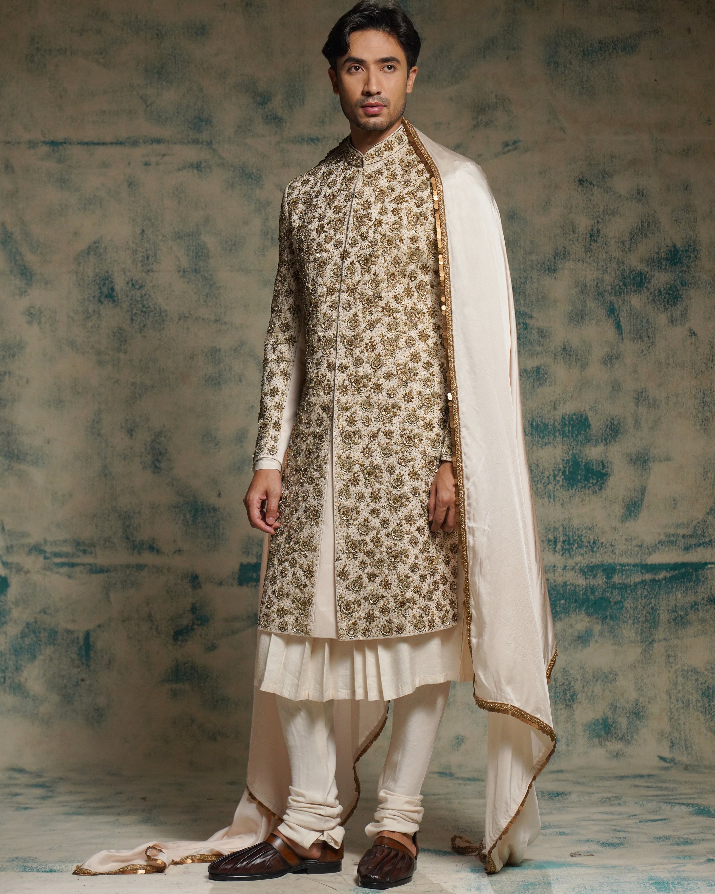 Apricot Ivory Silk Embriodered Zari Sherwani Set