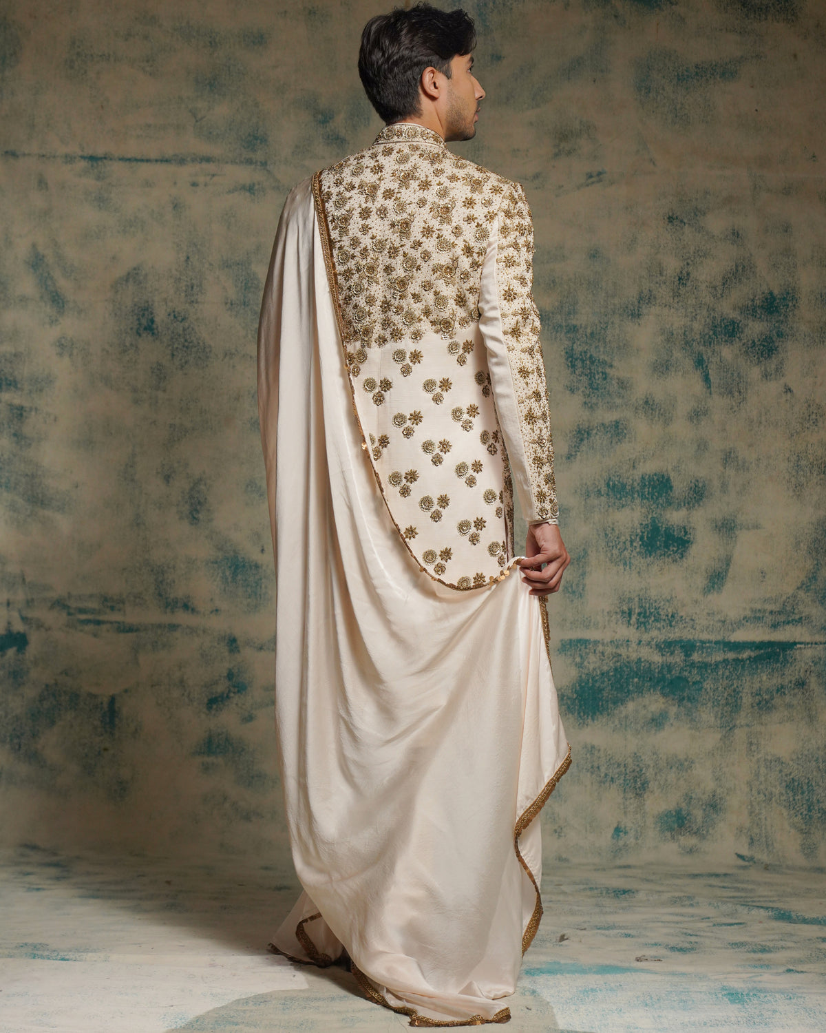 Apricot Ivory Silk Embriodered Zari Sherwani Set