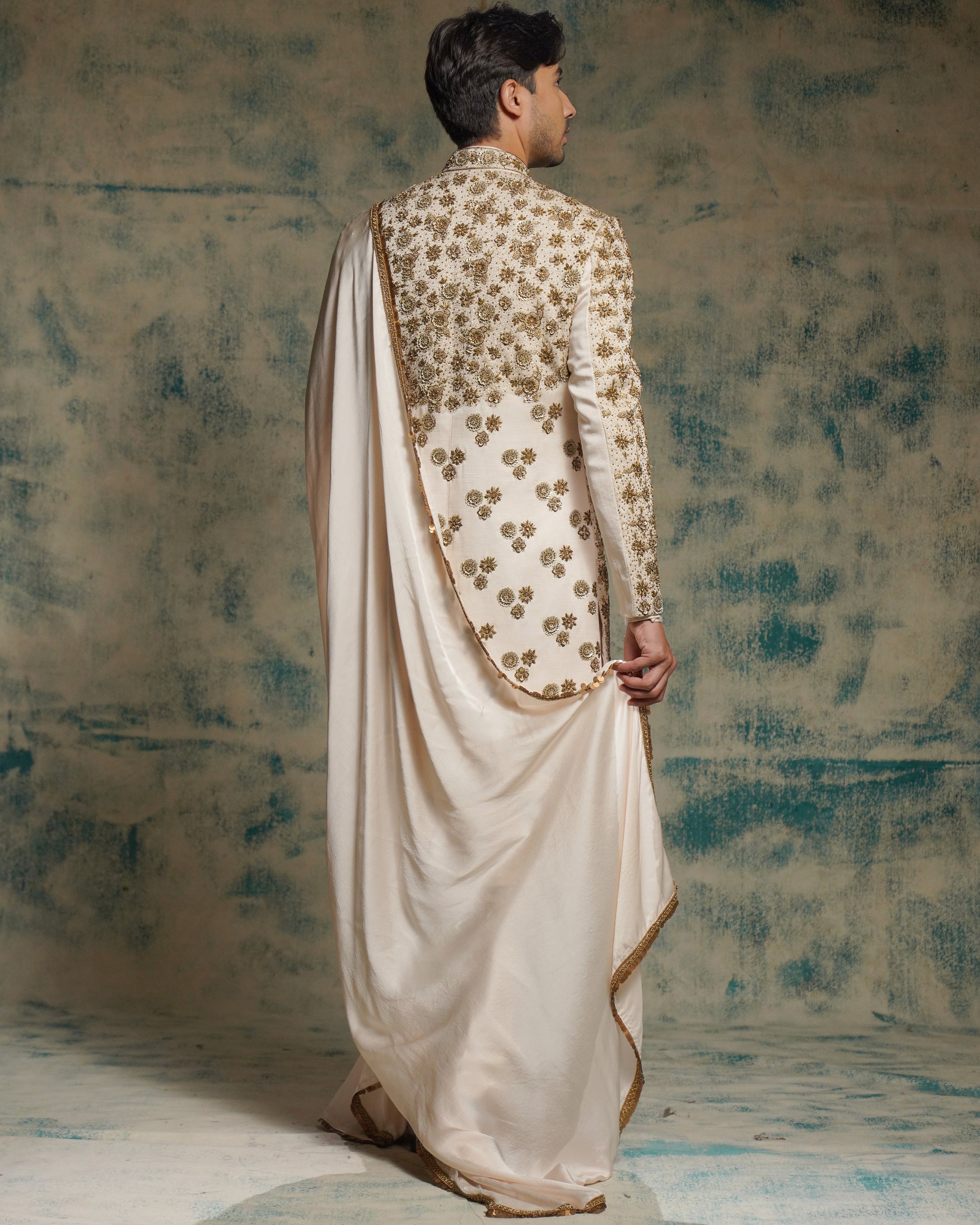 Apricot Ivory Silk Embriodered Zari Sherwani Set