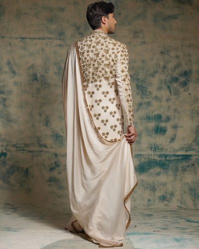 Apricot Ivory Silk Embriodered Zari Sherwani Set