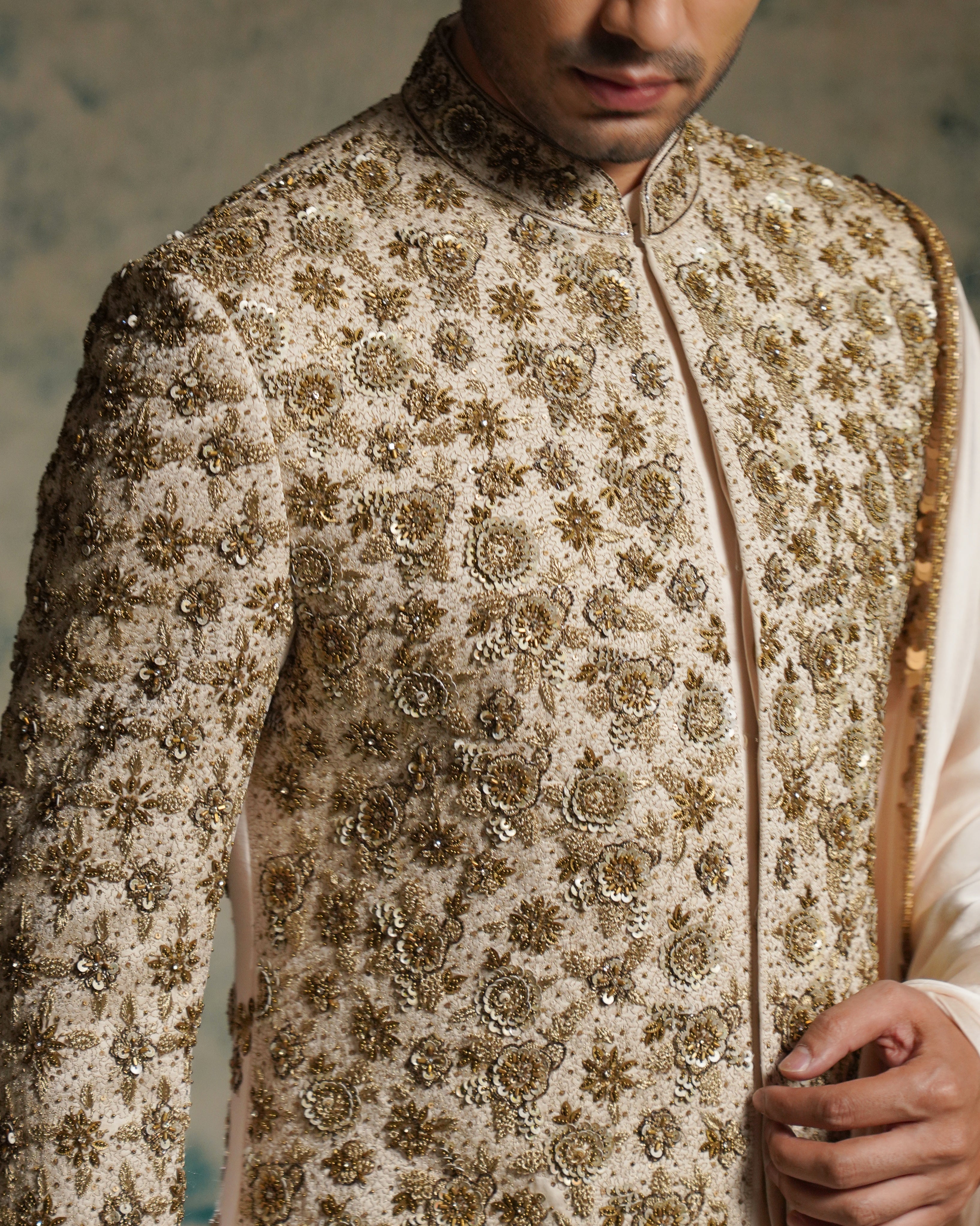 Apricot Ivory Silk Embriodered Zari Sherwani Set