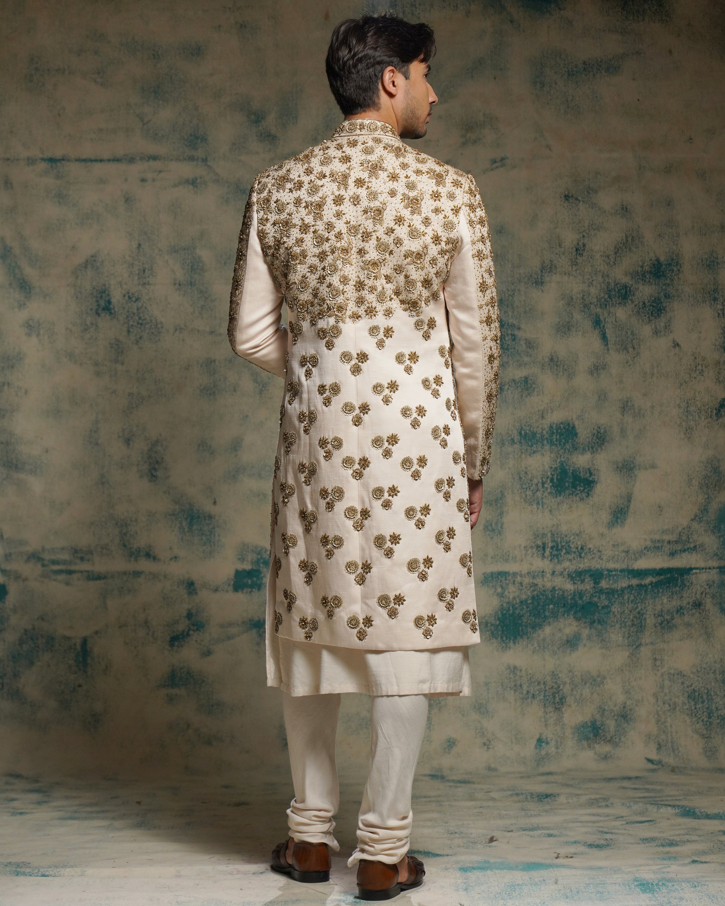 Apricot Ivory Silk Embriodered Zari Sherwani Set