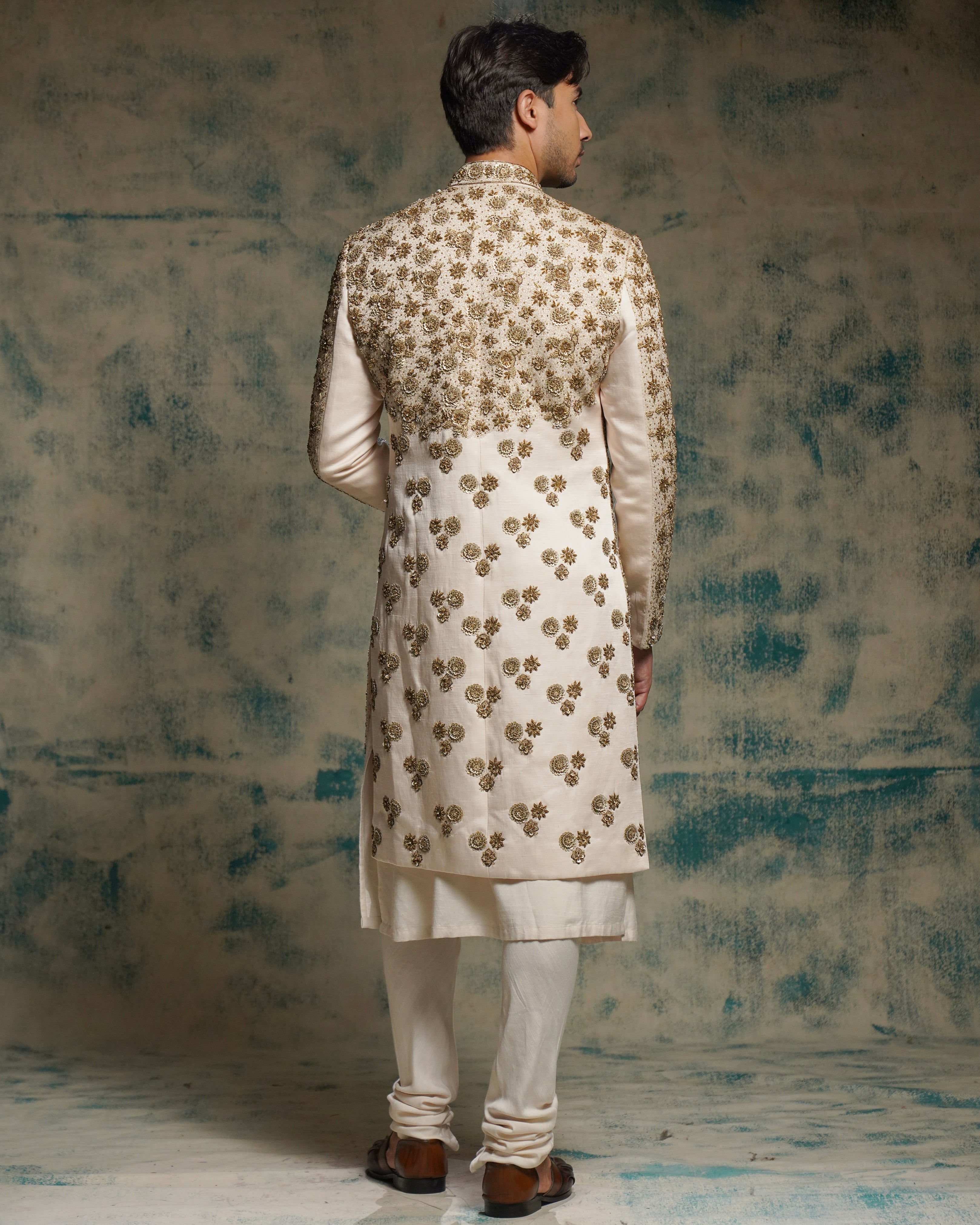 Apricot Ivory Silk Embriodered Zari Sherwani Set
