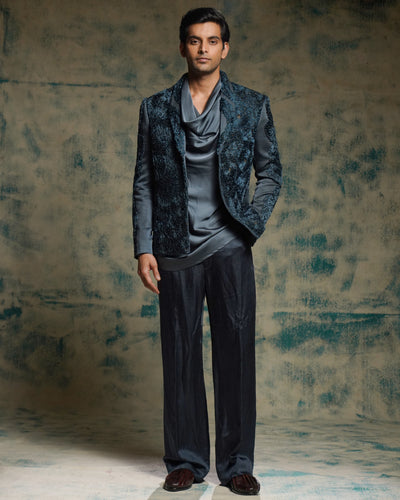 Charcoal Blue Hand Embroidered Short Jacket Set