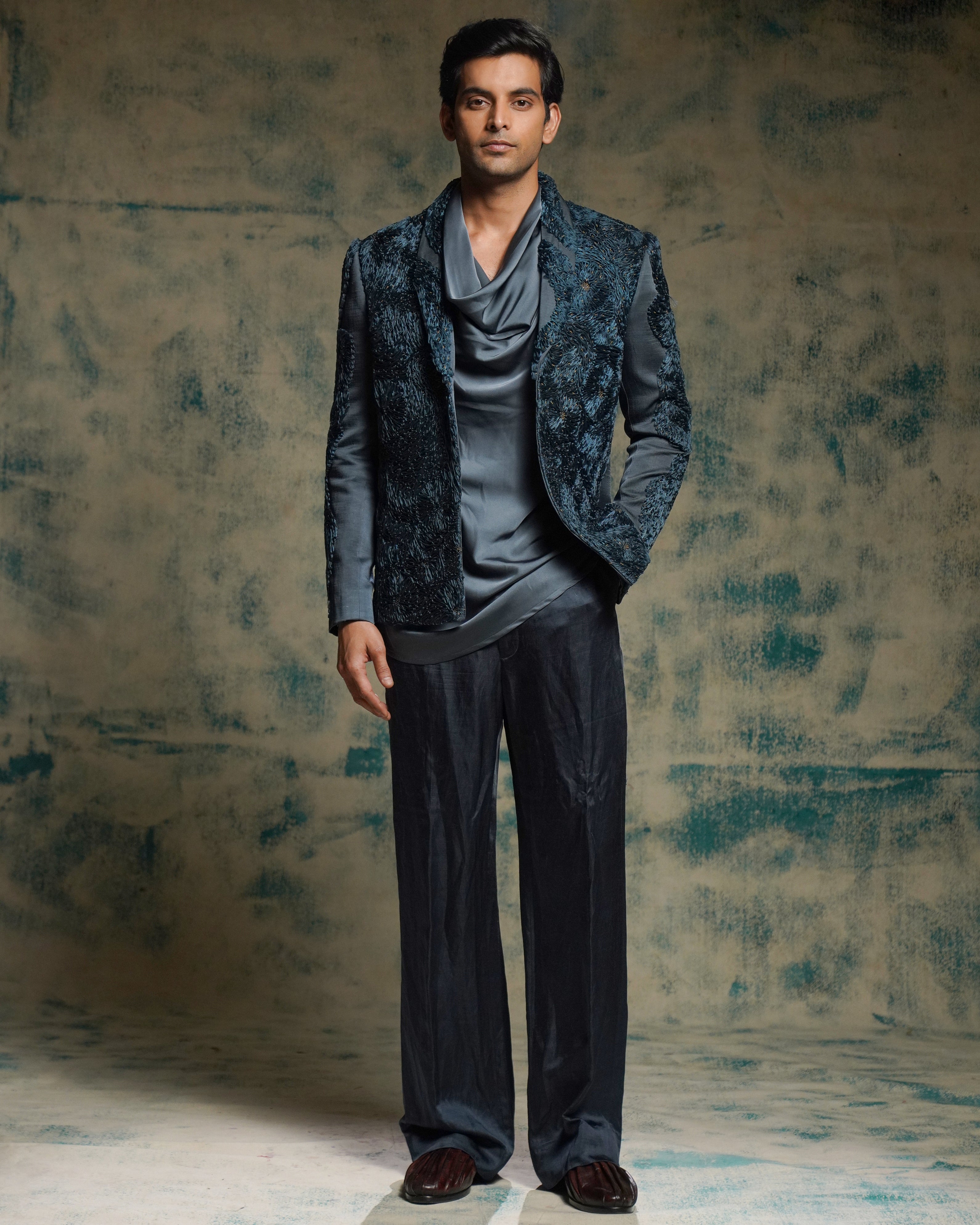 Charcoal Blue Hand Embroidered Short Jacket Set