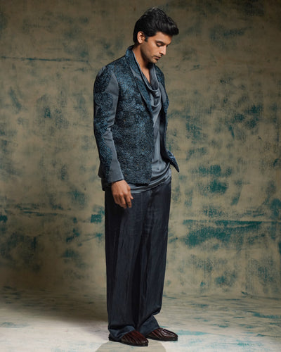 Charcoal Blue Hand Embroidered Short Jacket Set